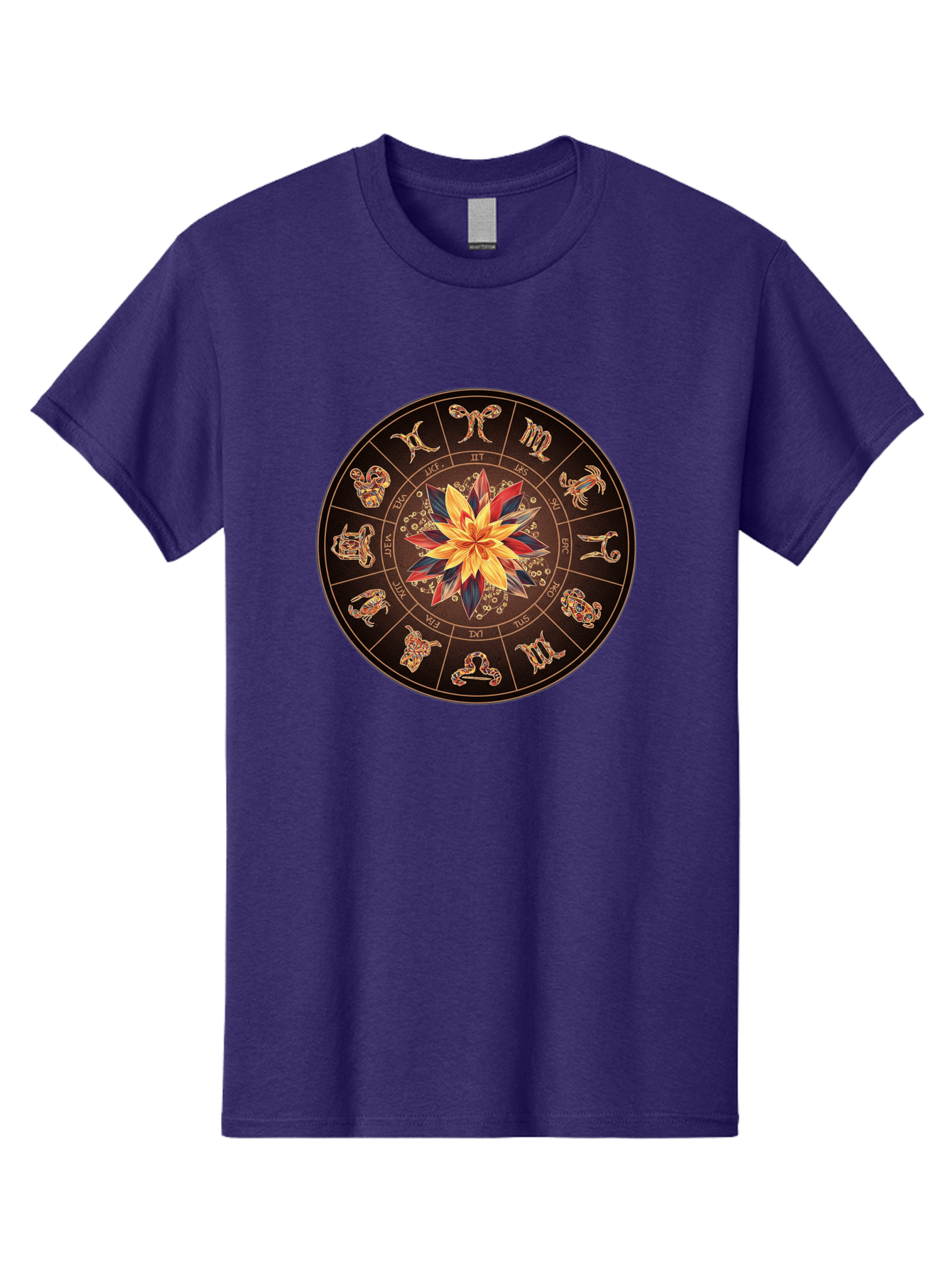 Zodiac-Wheel Men'S Graphic Tee, 100% Cotton, Comfortable Casual Summer Wear, Machine Washable, Zodiac Wheel, Astrology Symbols, Star Signs, Mystical Design, Colorful Flower, Gold Accents, Spiritual Significance, Celestial Body, Bae345
