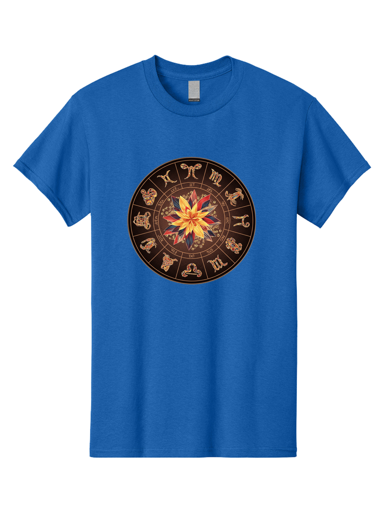 Zodiac-Wheel Men'S Graphic Tee, 100% Cotton, Comfortable Casual Summer Wear, Machine Washable, Zodiac Wheel, Astrology Symbols, Star Signs, Mystical Design, Colorful Flower, Gold Accents, Spiritual Significance, Celestial Body, Bae345