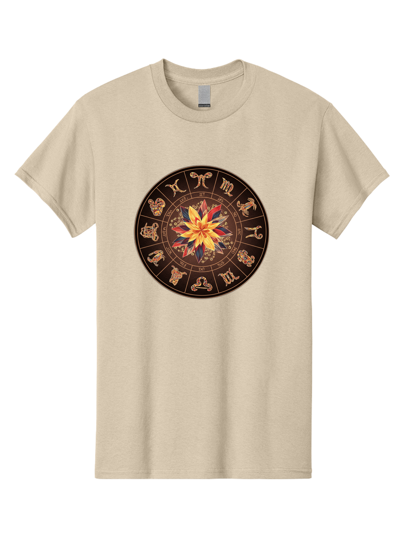 Zodiac-Wheel Men'S Graphic Tee, 100% Cotton, Comfortable Casual Summer Wear, Machine Washable, Zodiac Wheel, Astrology Symbols, Star Signs, Mystical Design, Colorful Flower, Gold Accents, Spiritual Significance, Celestial Body, Bae345