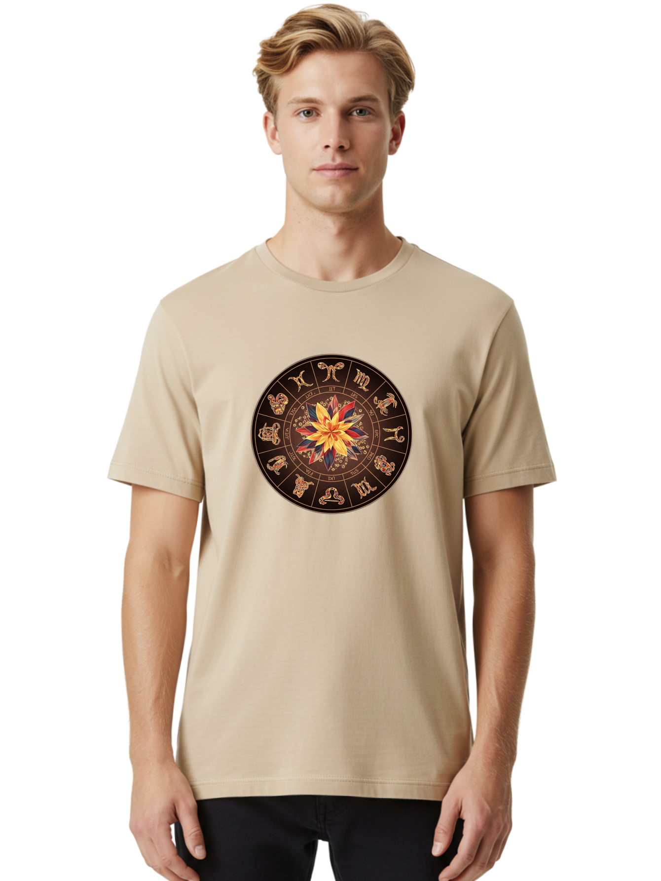Zodiac-Wheel Men'S Graphic Tee, 100% Cotton, Comfortable Casual Summer Wear, Machine Washable, Zodiac Wheel, Astrology Symbols, Star Signs, Mystical Design, Colorful Flower, Gold Accents, Spiritual Significance, Celestial Body, Bae345