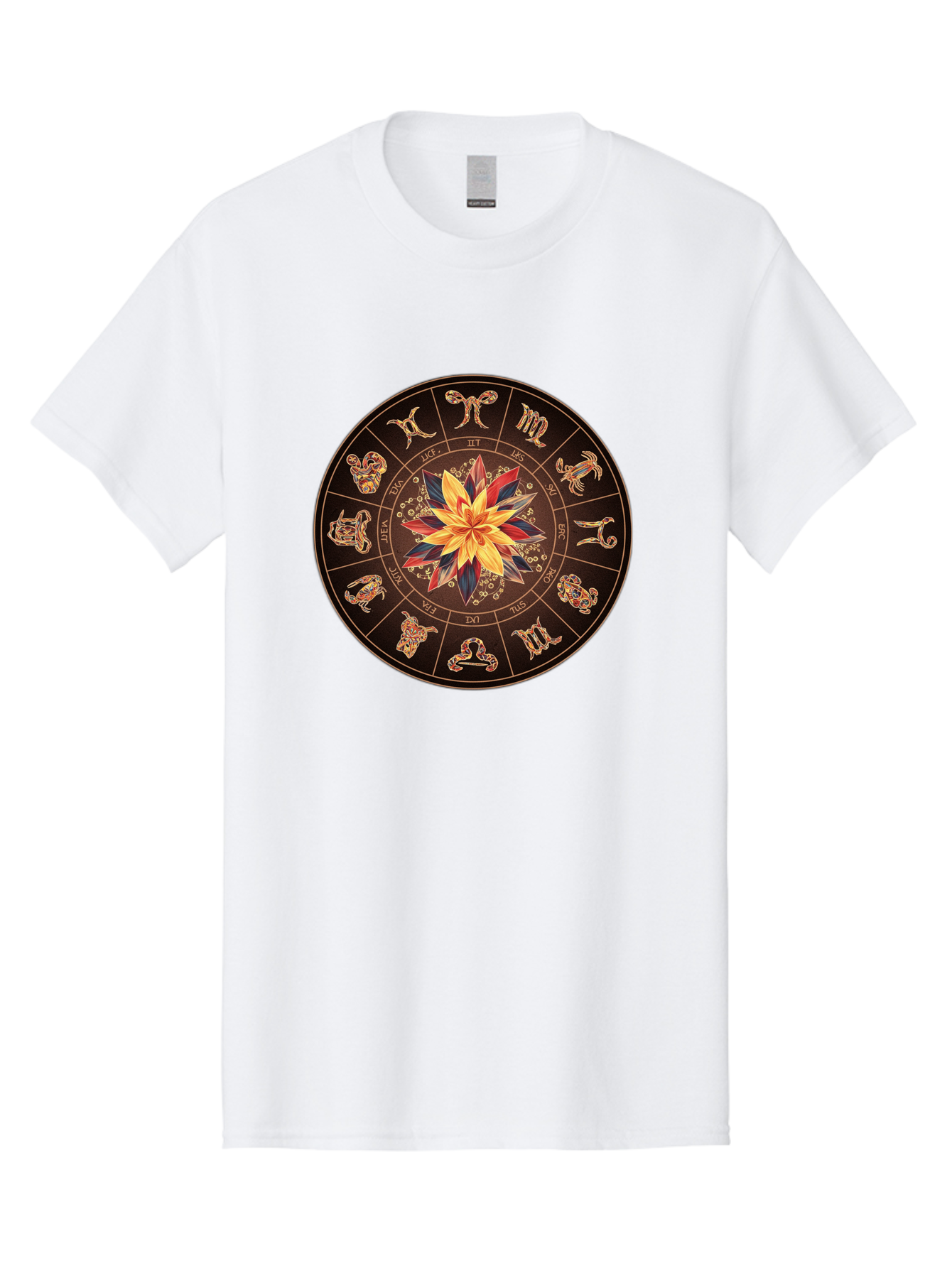 Zodiac-Wheel Men'S Graphic Tee, 100% Cotton, Comfortable Casual Summer Wear, Machine Washable, Zodiac Wheel, Astrology Symbols, Star Signs, Mystical Design, Colorful Flower, Gold Accents, Spiritual Significance, Celestial Body, Bae345