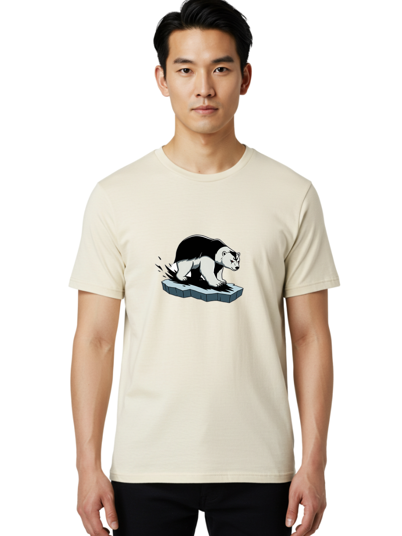 Aggressive-Panda Men'S Graphic Tee, 100% Cotton, Comfortable Casual Summer Wear, Machine Washable, Panda On A Rock, Panda Bear, Black And White, Cartoon Style, Dynamic Movement, Wildlife, Animated Character, Stone Platform Bae349