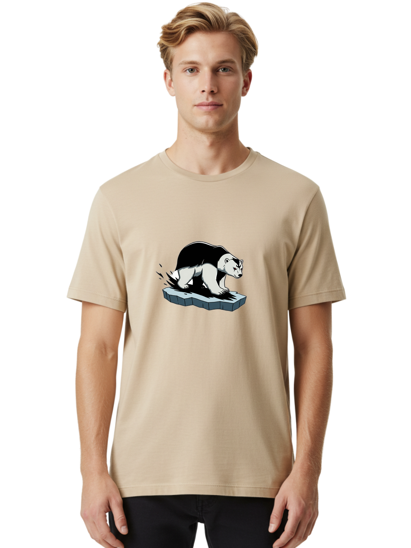 Aggressive-Panda Men'S Graphic Tee, 100% Cotton, Comfortable Casual Summer Wear, Machine Washable, Panda On A Rock, Panda Bear, Black And White, Cartoon Style, Dynamic Movement, Wildlife, Animated Character, Stone Platform Bae349