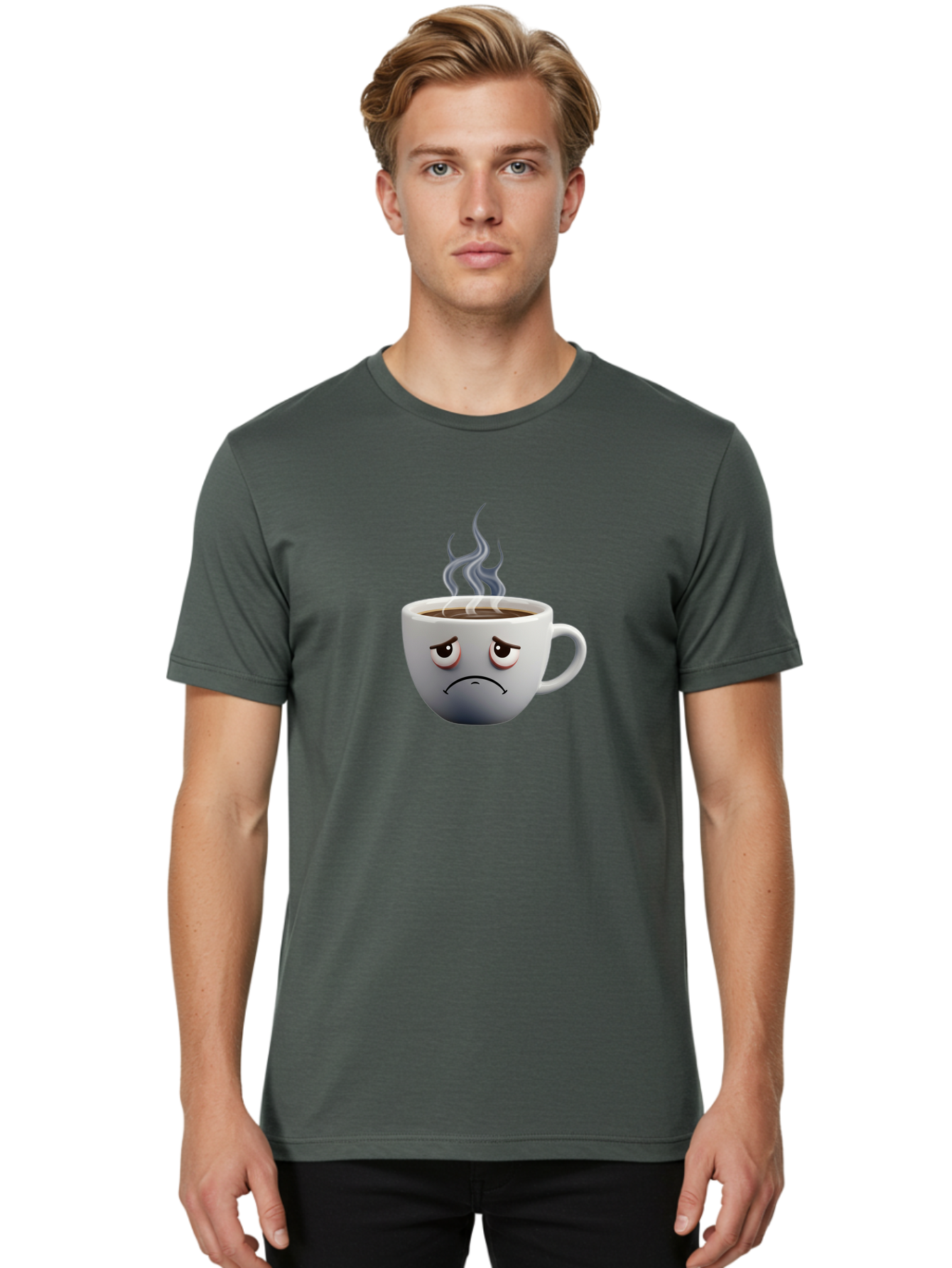 Angry-Coffee-Cup-2 Men'S Graphic Tee, 100% Cotton, Comfortable Casual Summer Wear, Machine Washable, Angry Coffee Cup, Sad Face, Steaming Coffee, Upset Emoji, Grumpy Character, Frowning Mug, Coffee Drama, Bitter Coffee Bae351