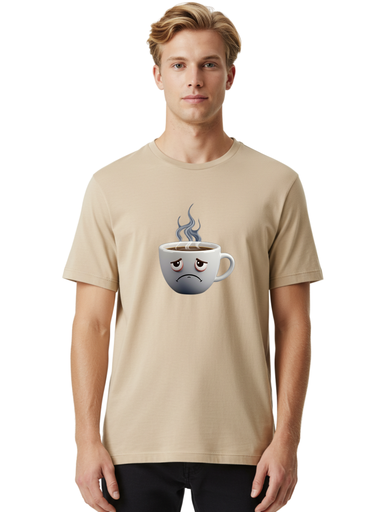 Angry-Coffee-Cup-2 Men'S Graphic Tee, 100% Cotton, Comfortable Casual Summer Wear, Machine Washable, Angry Coffee Cup, Sad Face, Steaming Coffee, Upset Emoji, Grumpy Character, Frowning Mug, Coffee Drama, Bitter Coffee Bae351