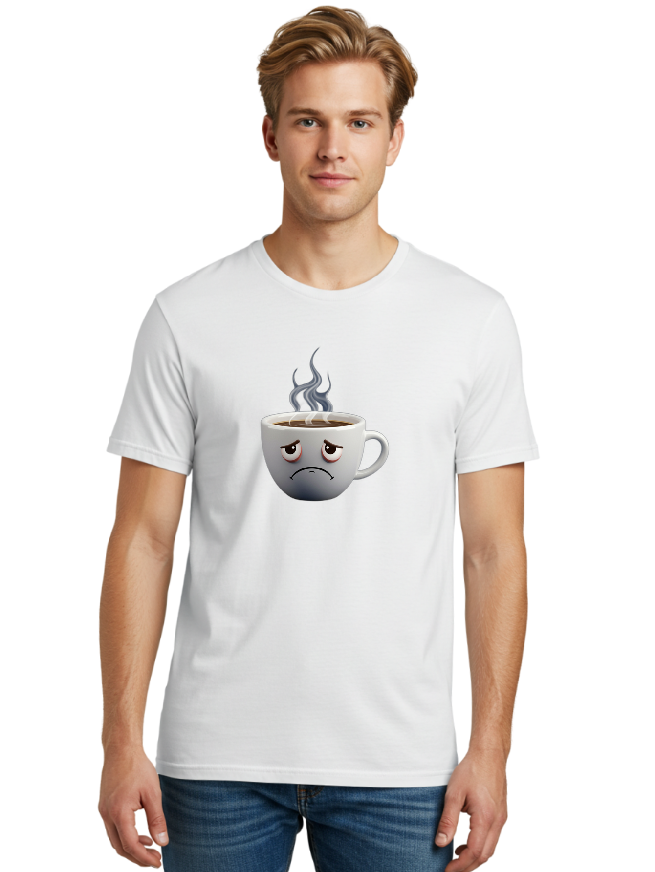 Angry-Coffee-Cup-2 Men'S Graphic Tee, 100% Cotton, Comfortable Casual Summer Wear, Machine Washable, Angry Coffee Cup, Sad Face, Steaming Coffee, Upset Emoji, Grumpy Character, Frowning Mug, Coffee Drama, Bitter Coffee Bae351