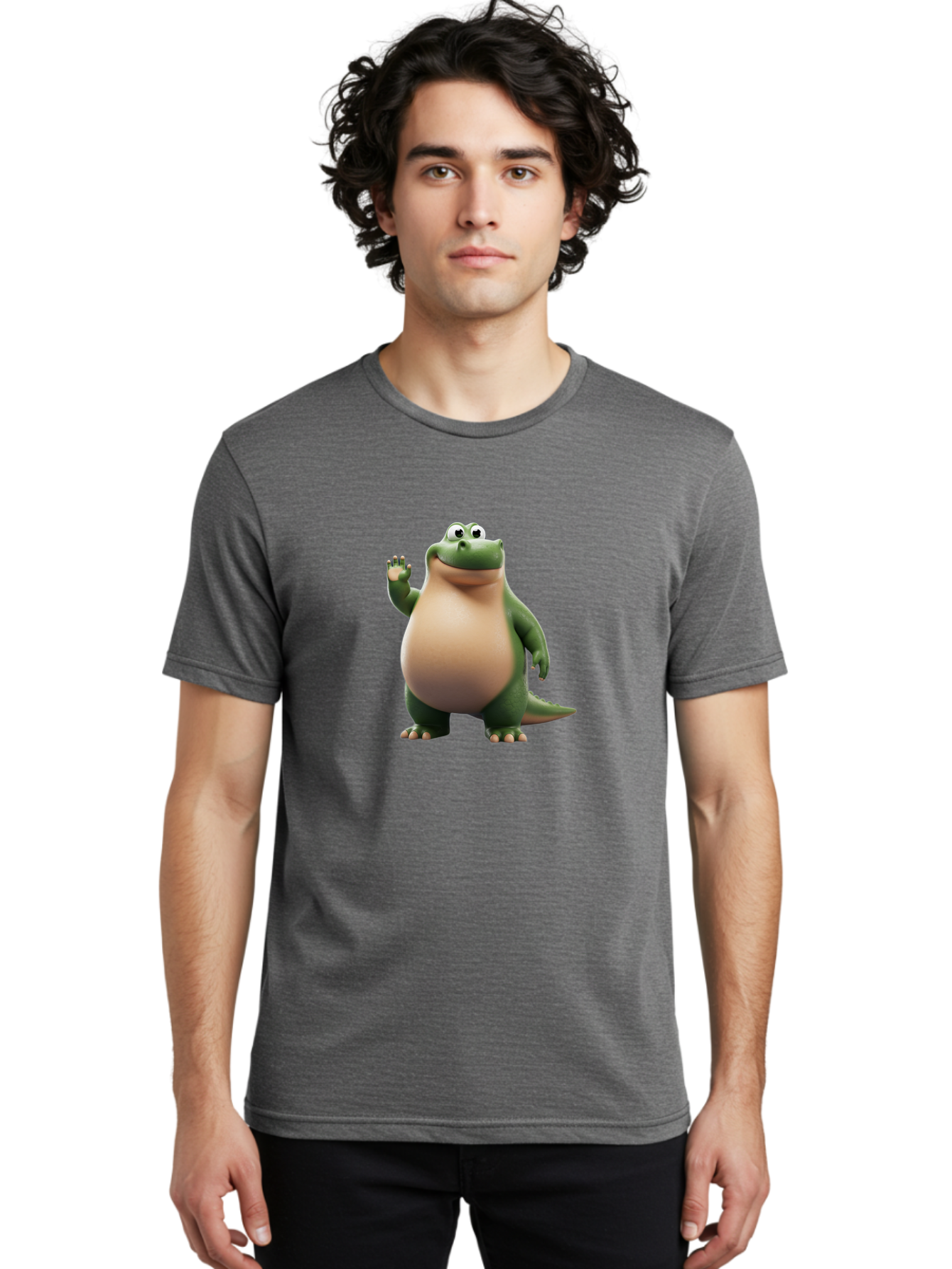 Arlo-2 Men'S Graphic Tee, 100% Cotton, Comfortable Casual Summer Wear, Machine Washable, Cartoon Dinosaur, Green And Tan Colors, Smiling Face, Waving Hand, Friendly Demeanor, Prehistoric Creature, Animated Character, Funny Pose Bae355