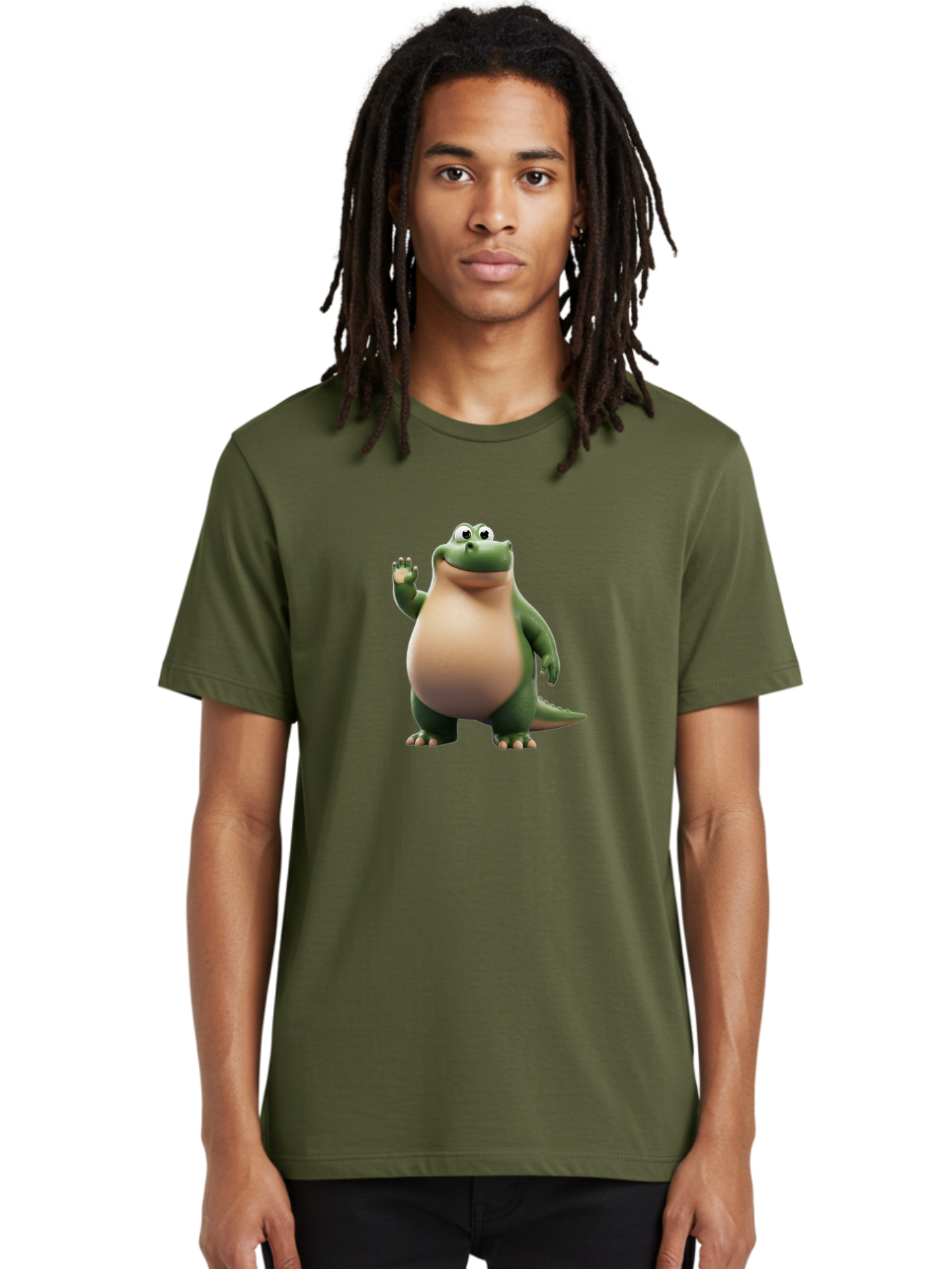 Arlo-2 Men'S Graphic Tee, 100% Cotton, Comfortable Casual Summer Wear, Machine Washable, Cartoon Dinosaur, Green And Tan Colors, Smiling Face, Waving Hand, Friendly Demeanor, Prehistoric Creature, Animated Character, Funny Pose Bae355