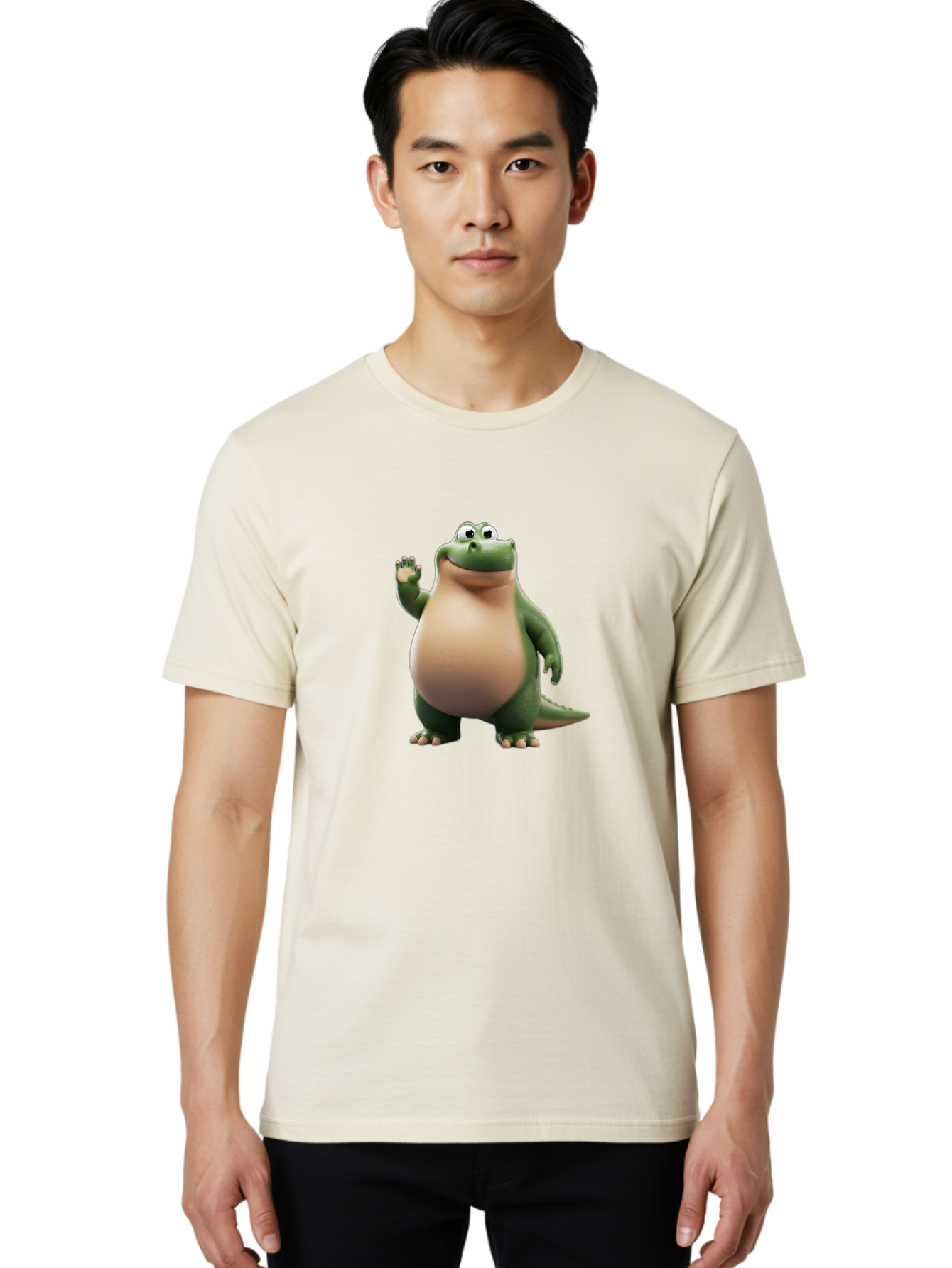 Arlo-2 Men'S Graphic Tee, 100% Cotton, Comfortable Casual Summer Wear, Machine Washable, Cartoon Dinosaur, Green And Tan Colors, Smiling Face, Waving Hand, Friendly Demeanor, Prehistoric Creature, Animated Character, Funny Pose Bae355