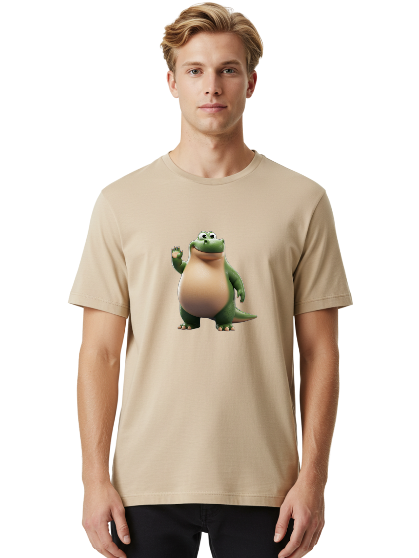 Arlo-2 Men'S Graphic Tee, 100% Cotton, Comfortable Casual Summer Wear, Machine Washable, Cartoon Dinosaur, Green And Tan Colors, Smiling Face, Waving Hand, Friendly Demeanor, Prehistoric Creature, Animated Character, Funny Pose Bae355