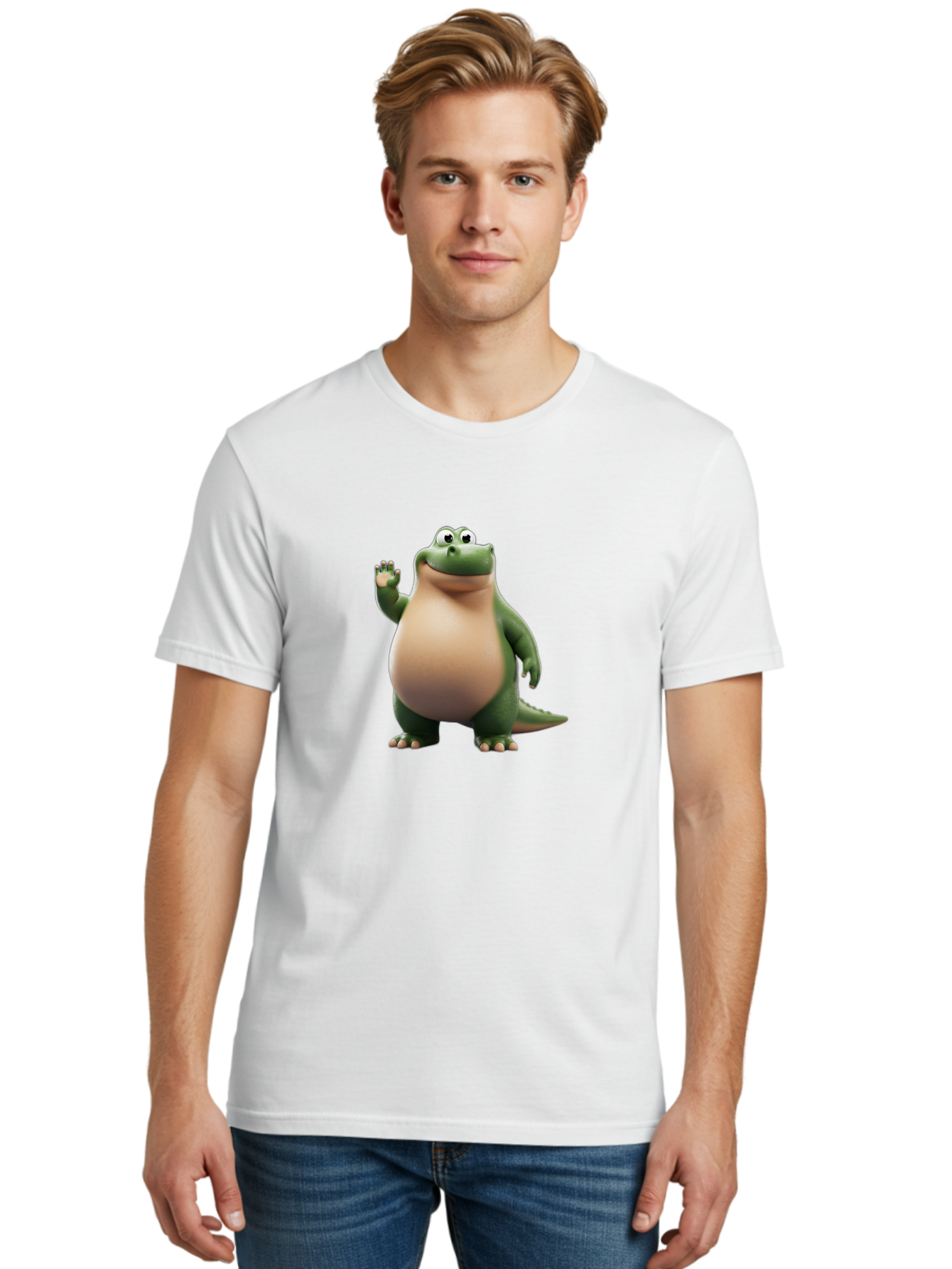 Arlo-2 Men'S Graphic Tee, 100% Cotton, Comfortable Casual Summer Wear, Machine Washable, Cartoon Dinosaur, Green And Tan Colors, Smiling Face, Waving Hand, Friendly Demeanor, Prehistoric Creature, Animated Character, Funny Pose Bae355