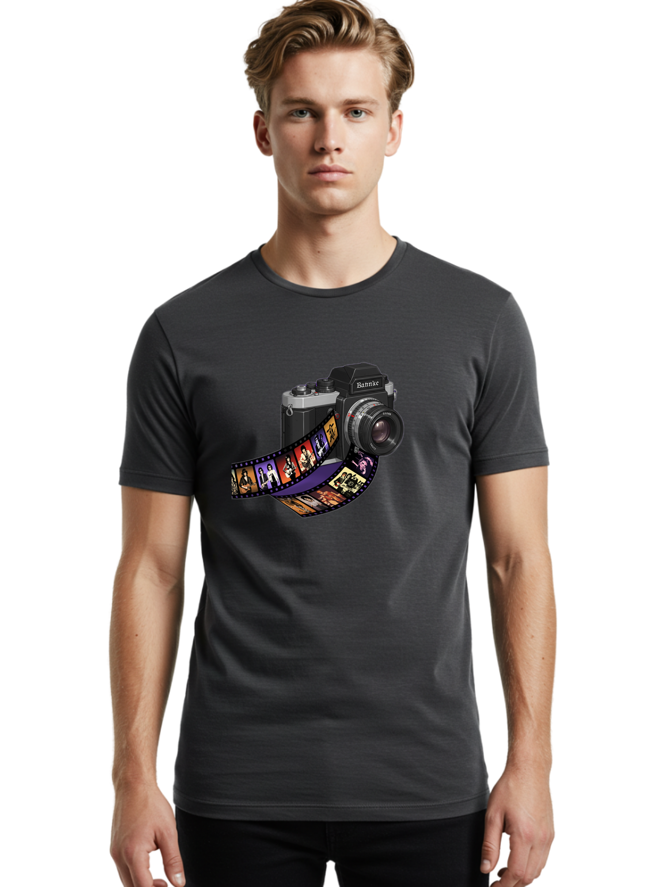 Bannke-Camera Men'S Graphic Tee, 100% Cotton, Comfortable Casual Summer Wear, Machine Washable, Vintage Camera, Film Strip, Photography, Bannke, Retro Style, Black And Silver, Lens, Camera Body, Film Reel, Photographers Bae357