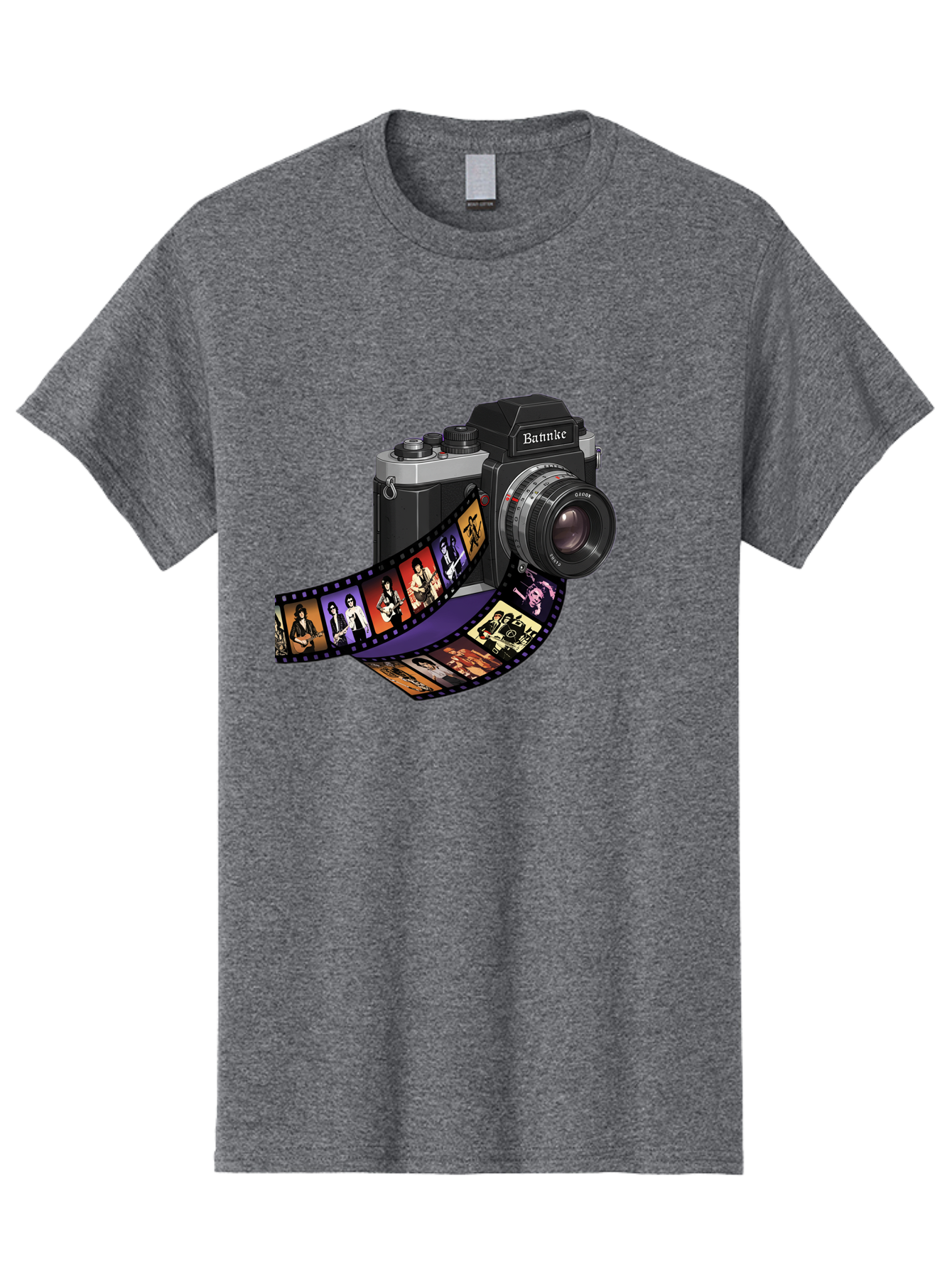 Bannke-Camera Men'S Graphic Tee, 100% Cotton, Comfortable Casual Summer Wear, Machine Washable, Vintage Camera, Film Strip, Photography, Bannke, Retro Style, Black And Silver, Lens, Camera Body, Film Reel, Photographers Bae357
