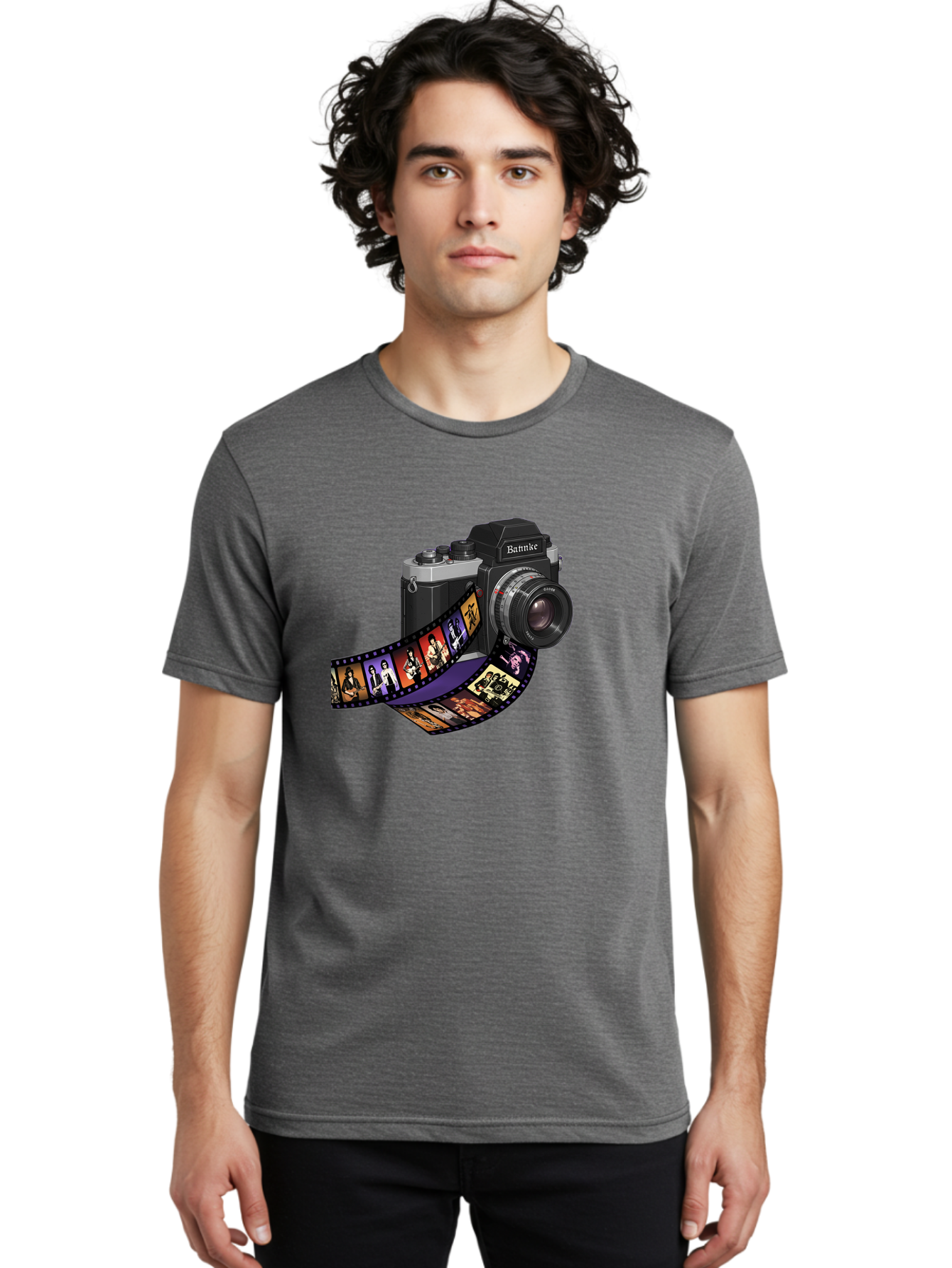 Bannke-Camera Men'S Graphic Tee, 100% Cotton, Comfortable Casual Summer Wear, Machine Washable, Vintage Camera, Film Strip, Photography, Bannke, Retro Style, Black And Silver, Lens, Camera Body, Film Reel, Photographers Bae357