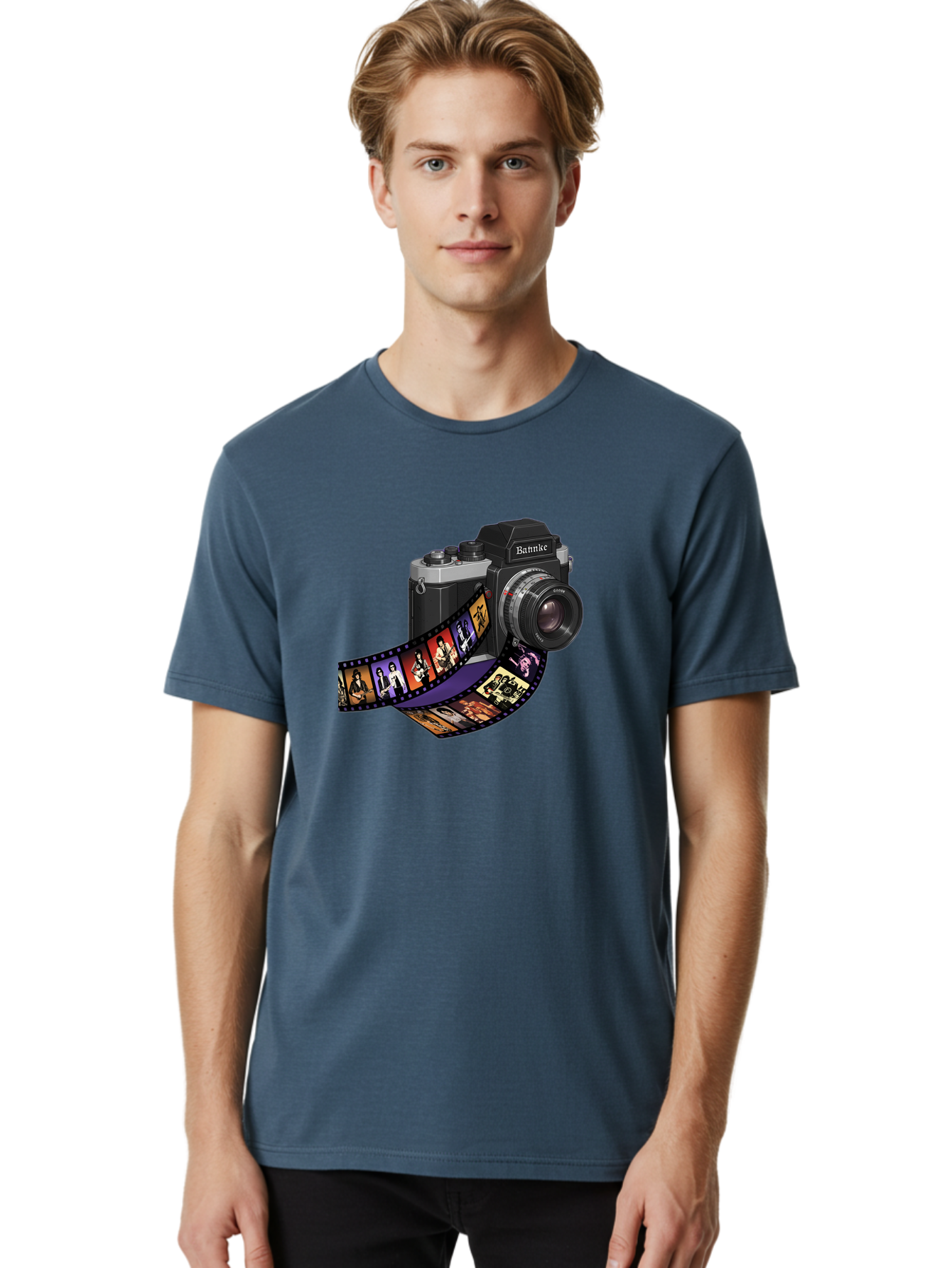 Bannke-Camera Men'S Graphic Tee, 100% Cotton, Comfortable Casual Summer Wear, Machine Washable, Vintage Camera, Film Strip, Photography, Bannke, Retro Style, Black And Silver, Lens, Camera Body, Film Reel, Photographers Bae357