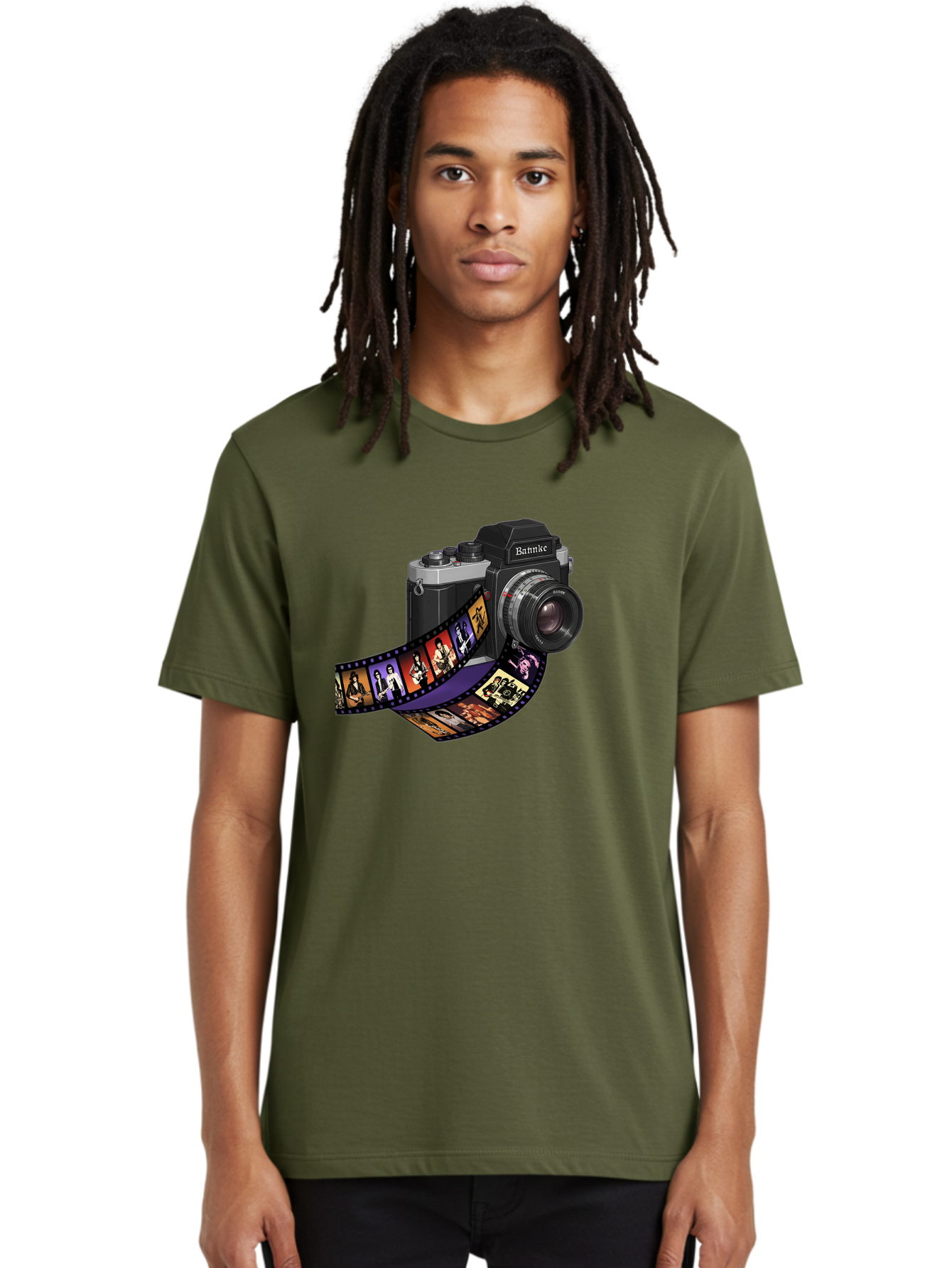 Bannke-Camera Men'S Graphic Tee, 100% Cotton, Comfortable Casual Summer Wear, Machine Washable, Vintage Camera, Film Strip, Photography, Bannke, Retro Style, Black And Silver, Lens, Camera Body, Film Reel, Photographers Bae357