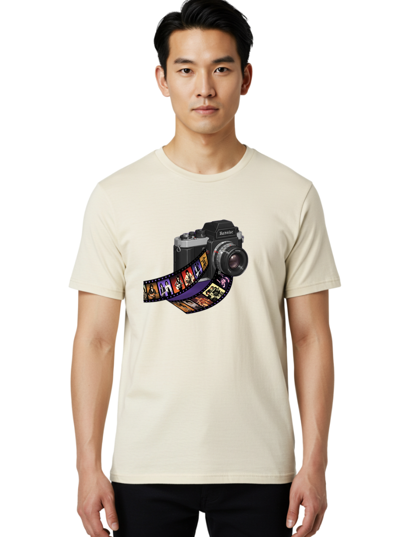 Bannke-Camera Men'S Graphic Tee, 100% Cotton, Comfortable Casual Summer Wear, Machine Washable, Vintage Camera, Film Strip, Photography, Bannke, Retro Style, Black And Silver, Lens, Camera Body, Film Reel, Photographers Bae357
