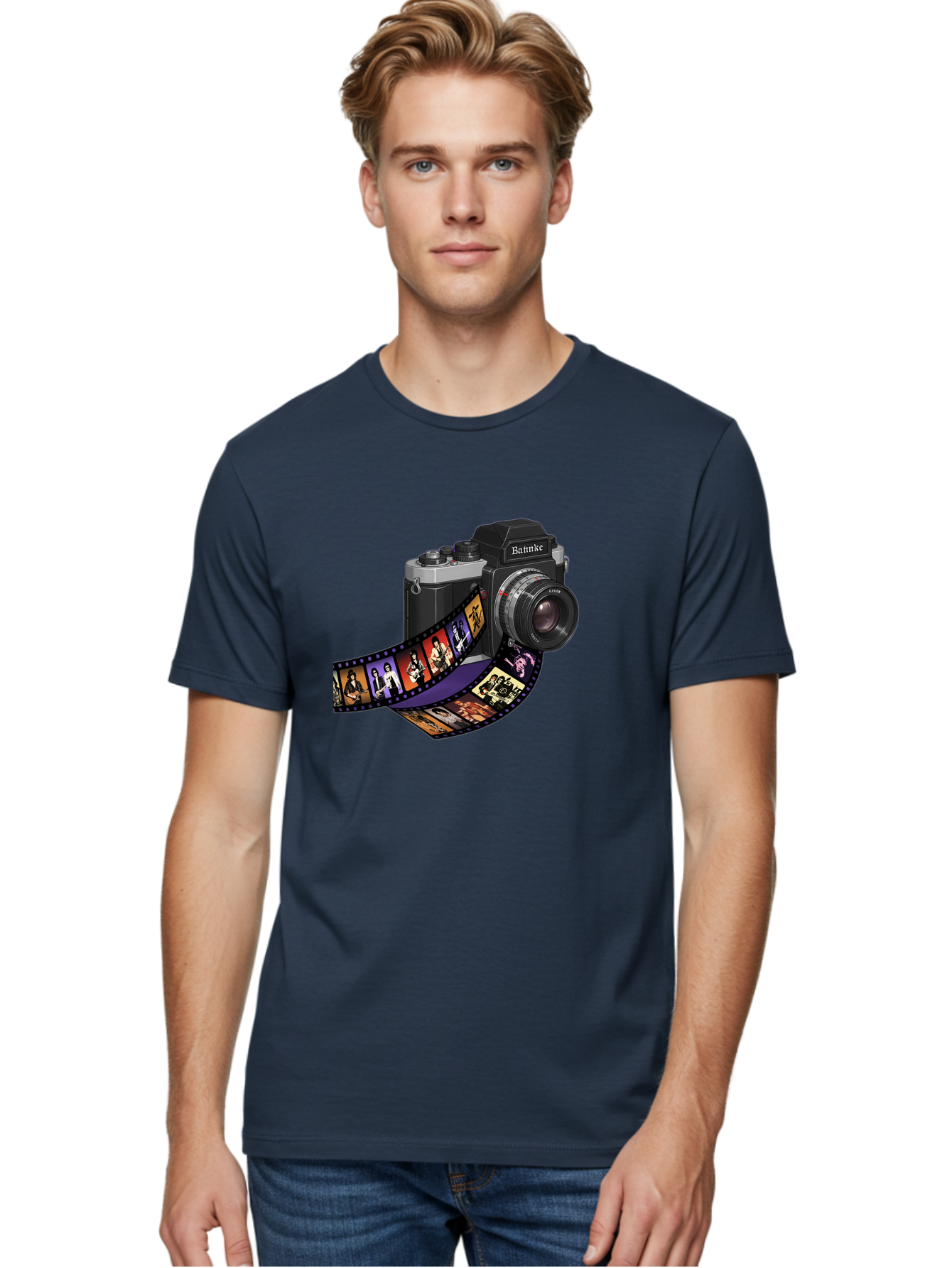 Bannke-Camera Men'S Graphic Tee, 100% Cotton, Comfortable Casual Summer Wear, Machine Washable, Vintage Camera, Film Strip, Photography, Bannke, Retro Style, Black And Silver, Lens, Camera Body, Film Reel, Photographers Bae357