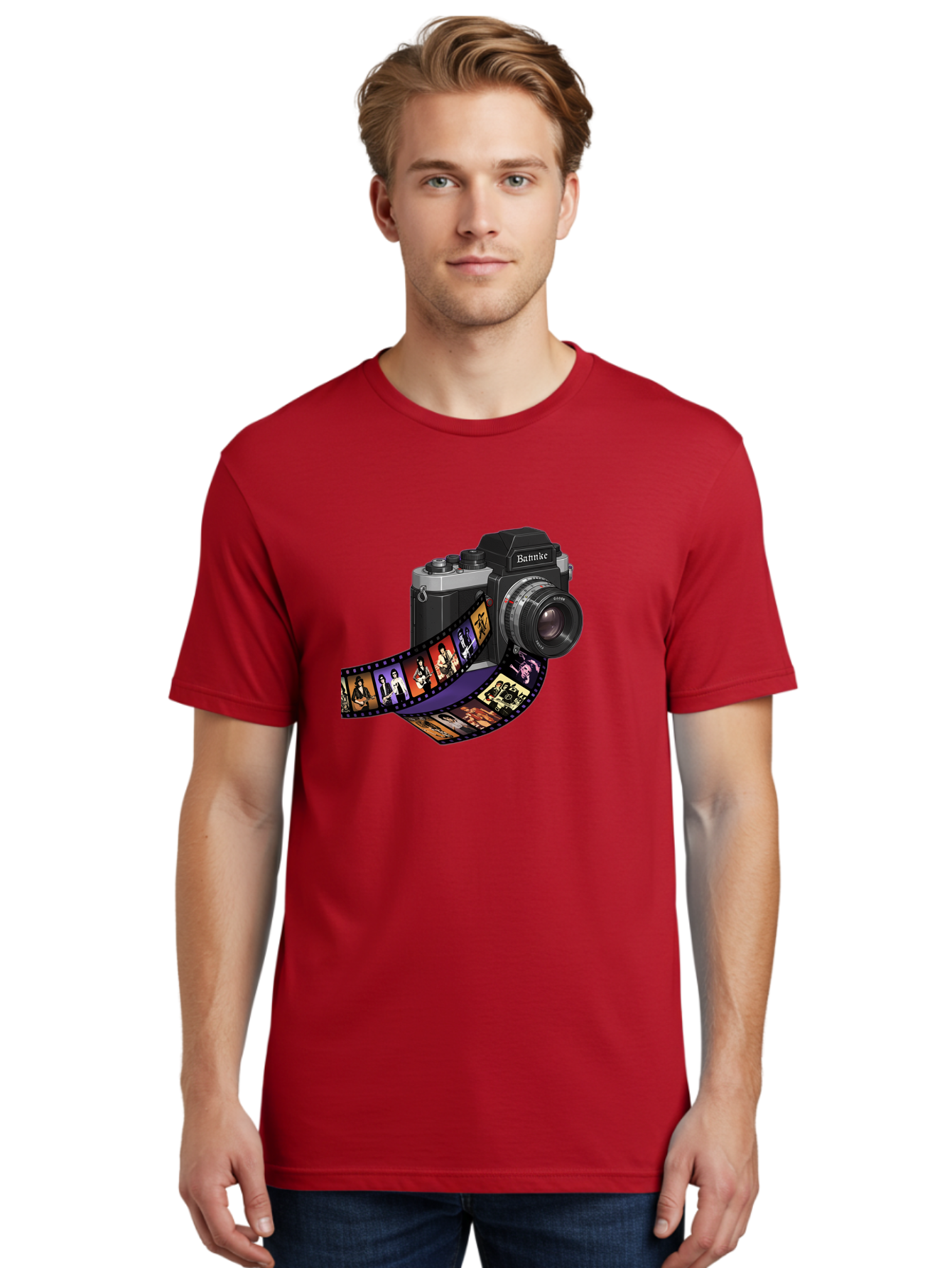 Bannke-Camera Men'S Graphic Tee, 100% Cotton, Comfortable Casual Summer Wear, Machine Washable, Vintage Camera, Film Strip, Photography, Bannke, Retro Style, Black And Silver, Lens, Camera Body, Film Reel, Photographers Bae357