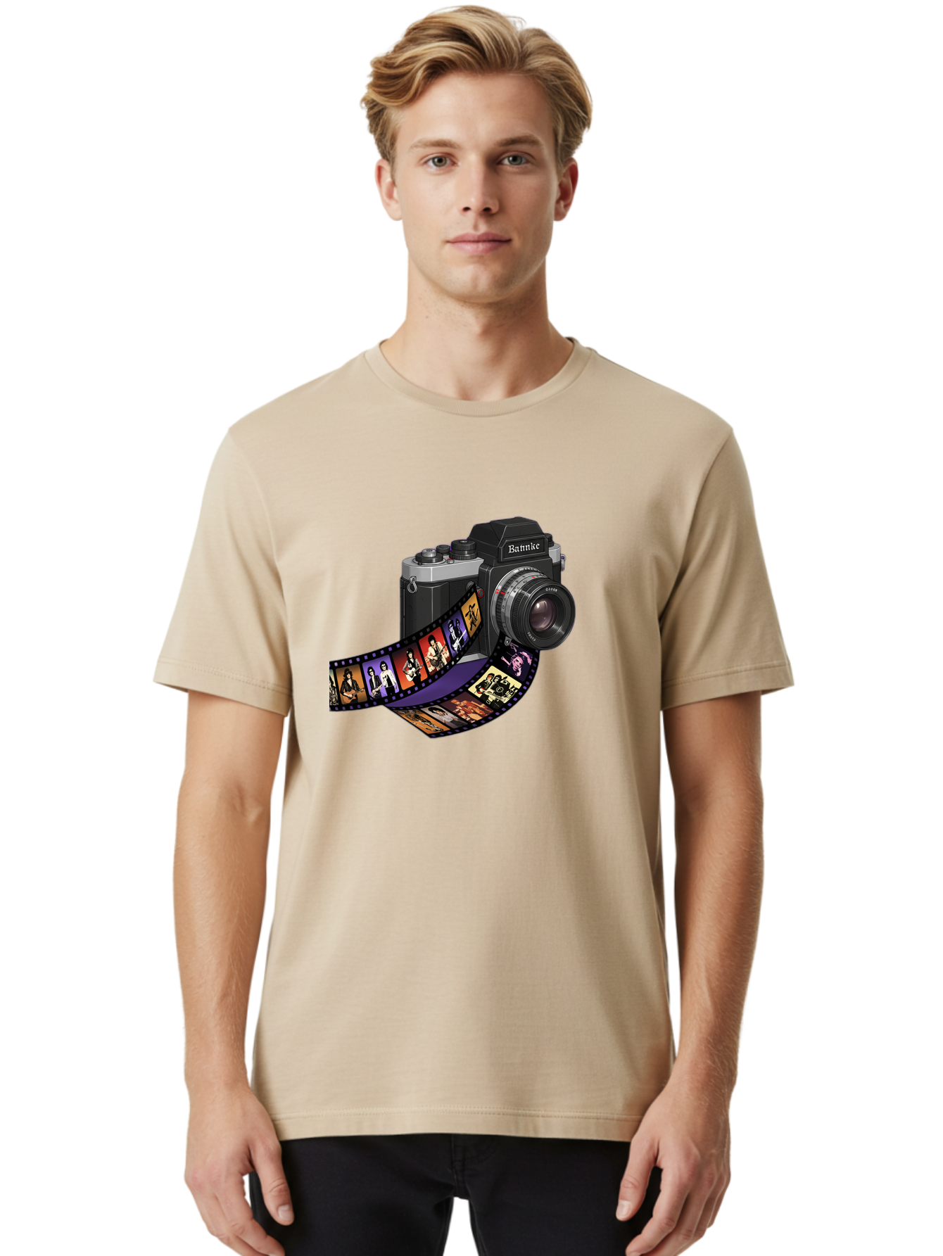 Bannke-Camera Men'S Graphic Tee, 100% Cotton, Comfortable Casual Summer Wear, Machine Washable, Vintage Camera, Film Strip, Photography, Bannke, Retro Style, Black And Silver, Lens, Camera Body, Film Reel, Photographers Bae357