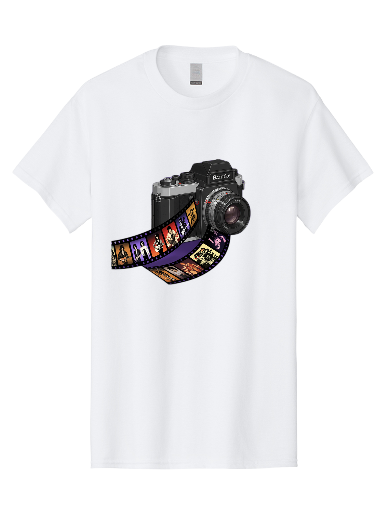 Bannke-Camera Men'S Graphic Tee, 100% Cotton, Comfortable Casual Summer Wear, Machine Washable, Vintage Camera, Film Strip, Photography, Bannke, Retro Style, Black And Silver, Lens, Camera Body, Film Reel, Photographers Bae357