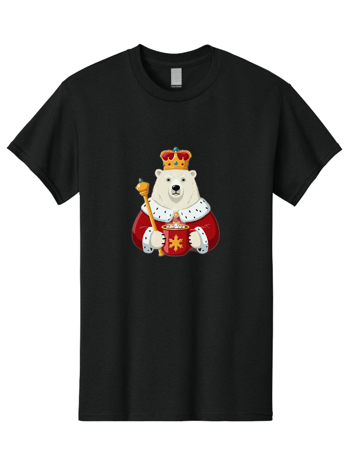 Bear-King Men'S Graphic Tee, 100% Cotton, Comfortable Casual Summer Wear, Machine Washable, Polar Bear Wearing Crown, Red Robe, White Fur, Sceptre In Paw, Ornate Collar, Monarch Attire, Regal Bear, Cartoon Style, Majestic Animal, Bae358