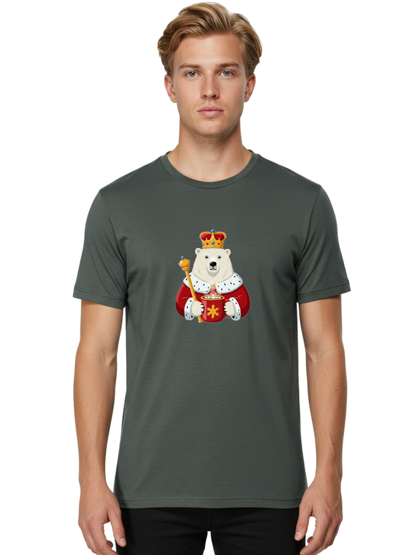 Bear-King Men'S Graphic Tee, 100% Cotton, Comfortable Casual Summer Wear, Machine Washable, Polar Bear Wearing Crown, Red Robe, White Fur, Sceptre In Paw, Ornate Collar, Monarch Attire, Regal Bear, Cartoon Style, Majestic Animal, Bae358