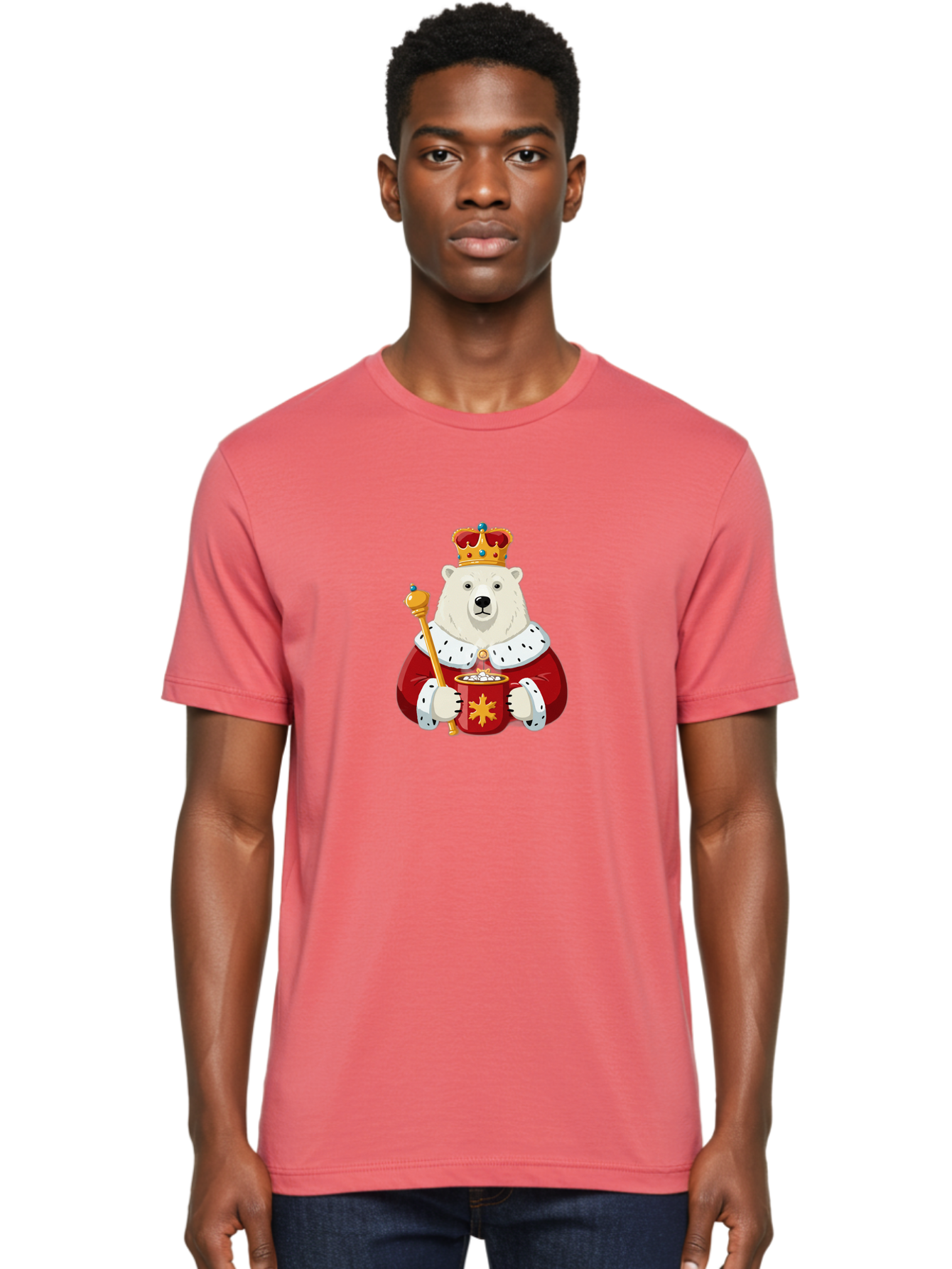 Bear-King Men'S Graphic Tee, 100% Cotton, Comfortable Casual Summer Wear, Machine Washable, Polar Bear Wearing Crown, Red Robe, White Fur, Sceptre In Paw, Ornate Collar, Monarch Attire, Regal Bear, Cartoon Style, Majestic Animal, Bae358