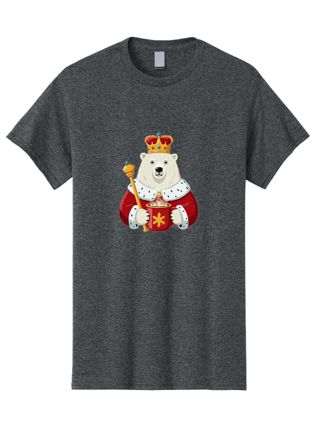 Bear-King Men'S Graphic Tee, 100% Cotton, Comfortable Casual Summer Wear, Machine Washable, Polar Bear Wearing Crown, Red Robe, White Fur, Sceptre In Paw, Ornate Collar, Monarch Attire, Regal Bear, Cartoon Style, Majestic Animal, Bae358