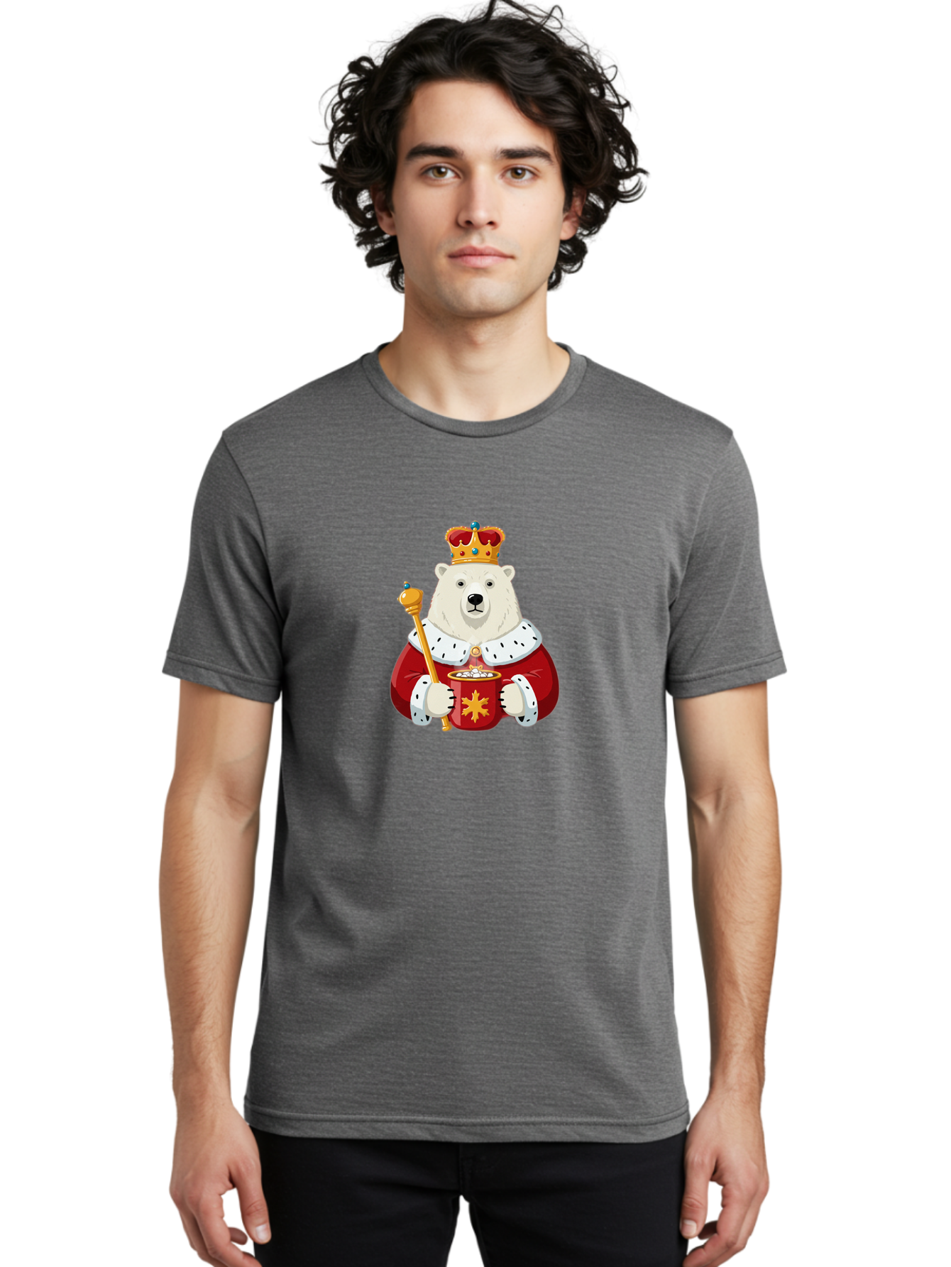 Bear-King Men'S Graphic Tee, 100% Cotton, Comfortable Casual Summer Wear, Machine Washable, Polar Bear Wearing Crown, Red Robe, White Fur, Sceptre In Paw, Ornate Collar, Monarch Attire, Regal Bear, Cartoon Style, Majestic Animal, Bae358