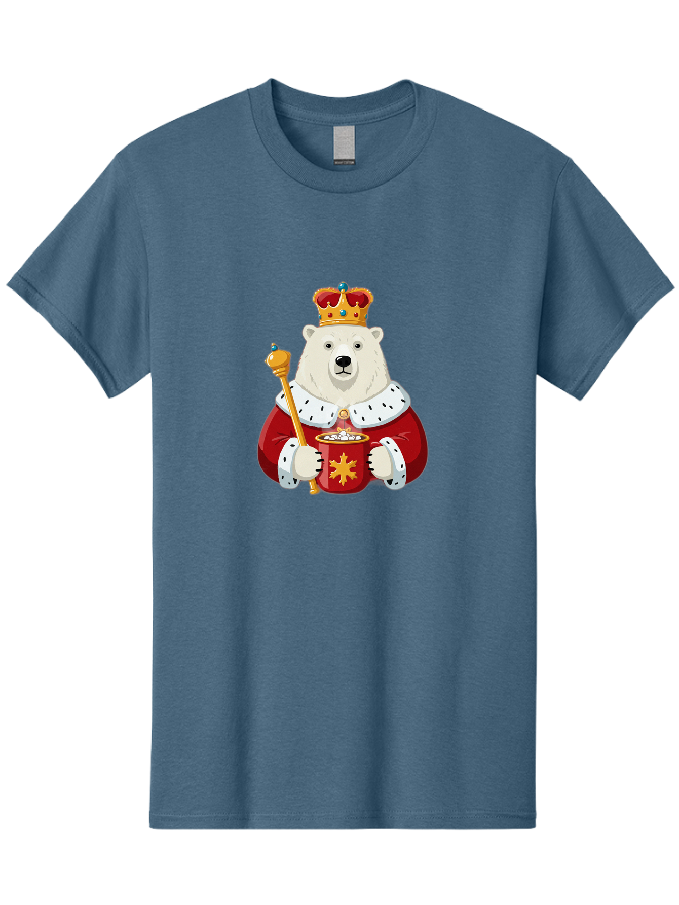 Bear-King Men'S Graphic Tee, 100% Cotton, Comfortable Casual Summer Wear, Machine Washable, Polar Bear Wearing Crown, Red Robe, White Fur, Sceptre In Paw, Ornate Collar, Monarch Attire, Regal Bear, Cartoon Style, Majestic Animal, Bae358