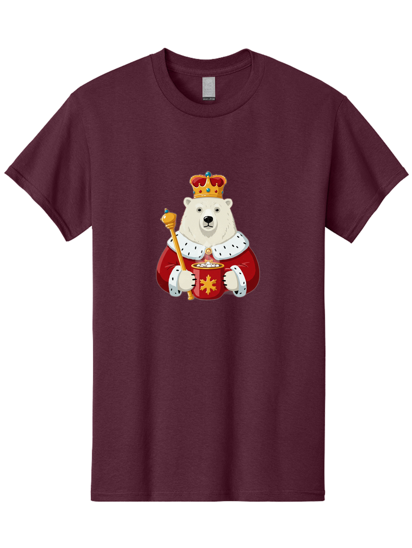 Bear-King Men'S Graphic Tee, 100% Cotton, Comfortable Casual Summer Wear, Machine Washable, Polar Bear Wearing Crown, Red Robe, White Fur, Sceptre In Paw, Ornate Collar, Monarch Attire, Regal Bear, Cartoon Style, Majestic Animal, Bae358