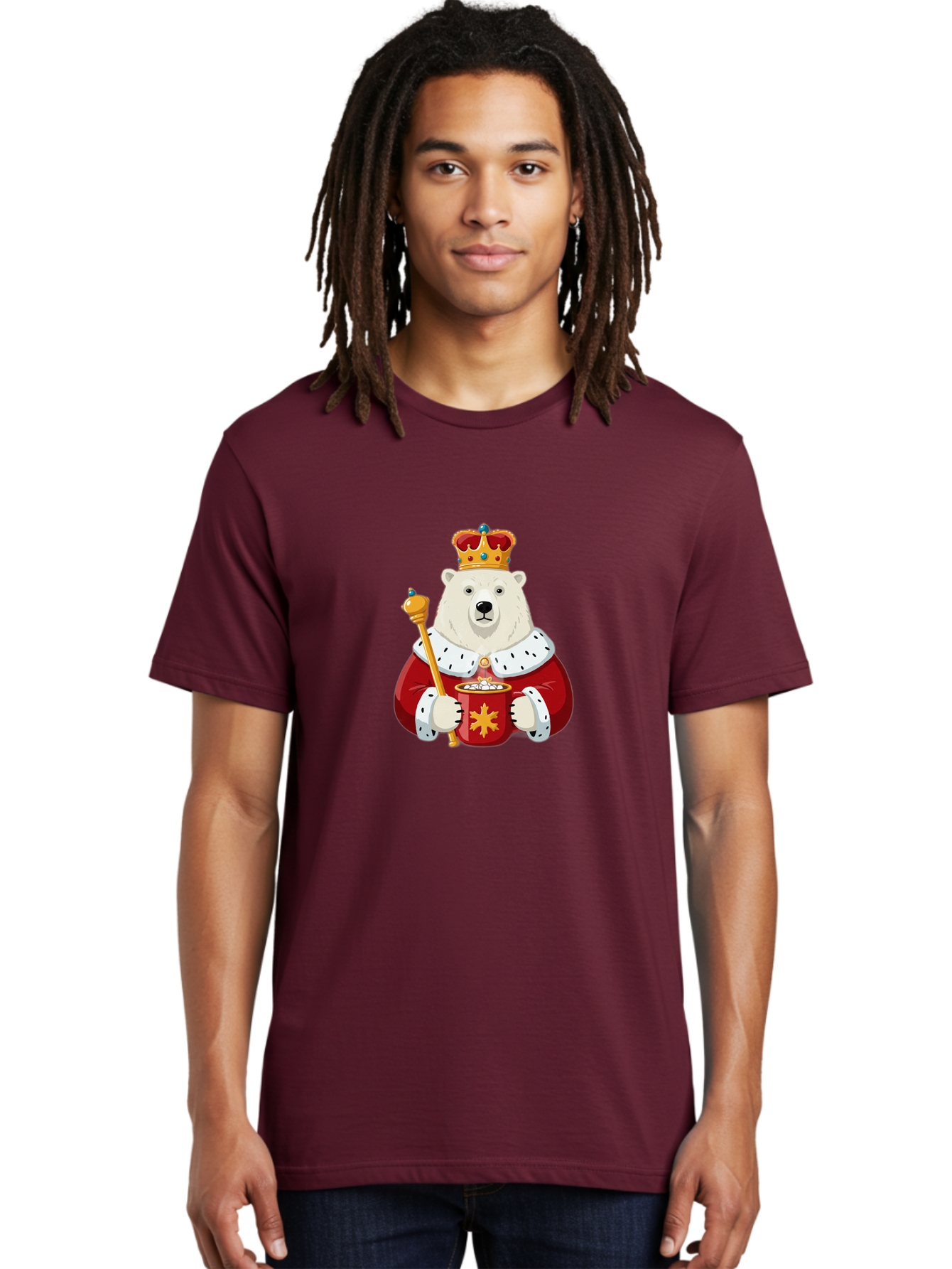 Bear-King Men'S Graphic Tee, 100% Cotton, Comfortable Casual Summer Wear, Machine Washable, Polar Bear Wearing Crown, Red Robe, White Fur, Sceptre In Paw, Ornate Collar, Monarch Attire, Regal Bear, Cartoon Style, Majestic Animal, Bae358