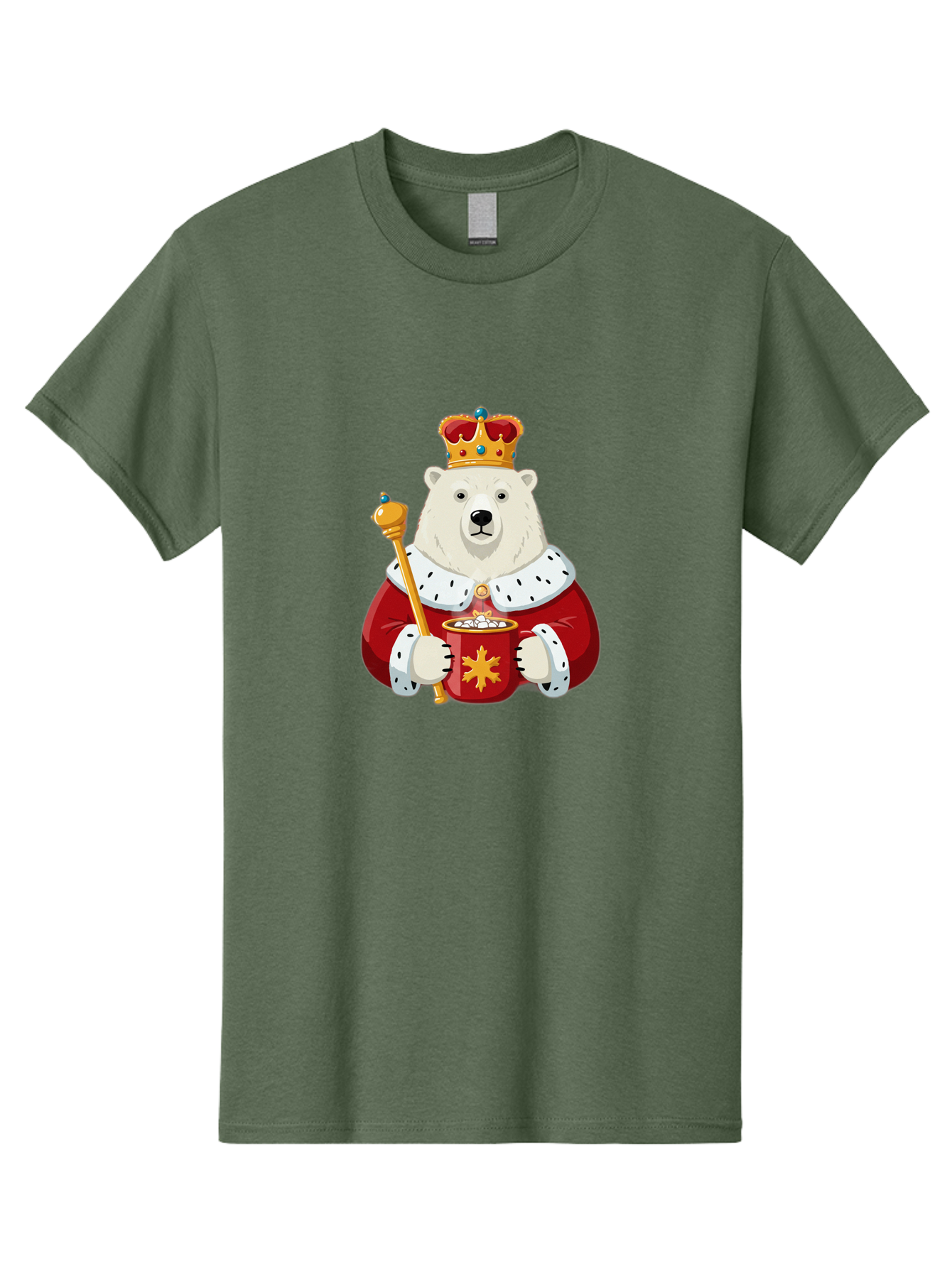 Bear-King Men'S Graphic Tee, 100% Cotton, Comfortable Casual Summer Wear, Machine Washable, Polar Bear Wearing Crown, Red Robe, White Fur, Sceptre In Paw, Ornate Collar, Monarch Attire, Regal Bear, Cartoon Style, Majestic Animal, Bae358