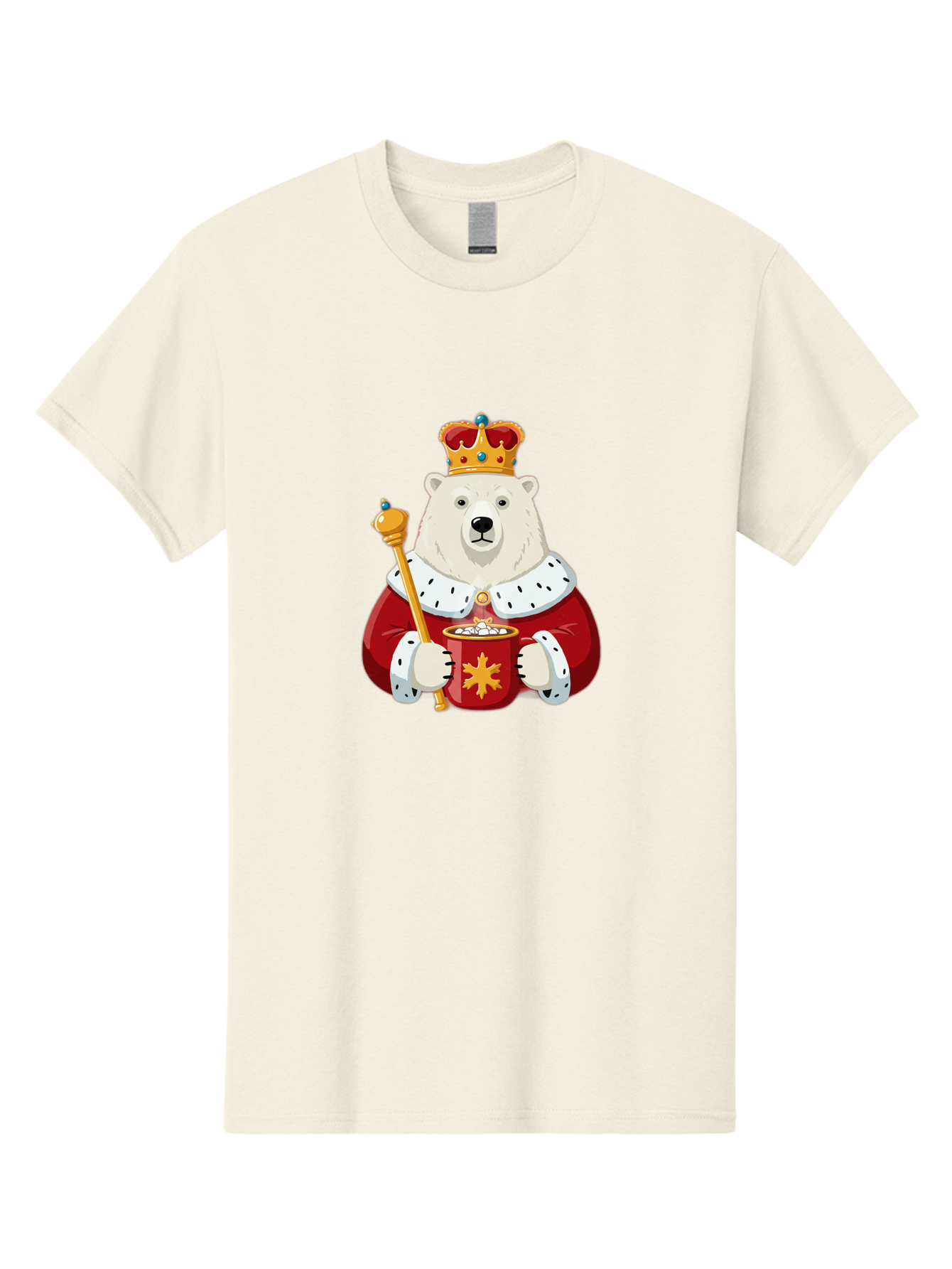 Bear-King Men'S Graphic Tee, 100% Cotton, Comfortable Casual Summer Wear, Machine Washable, Polar Bear Wearing Crown, Red Robe, White Fur, Sceptre In Paw, Ornate Collar, Monarch Attire, Regal Bear, Cartoon Style, Majestic Animal, Bae358