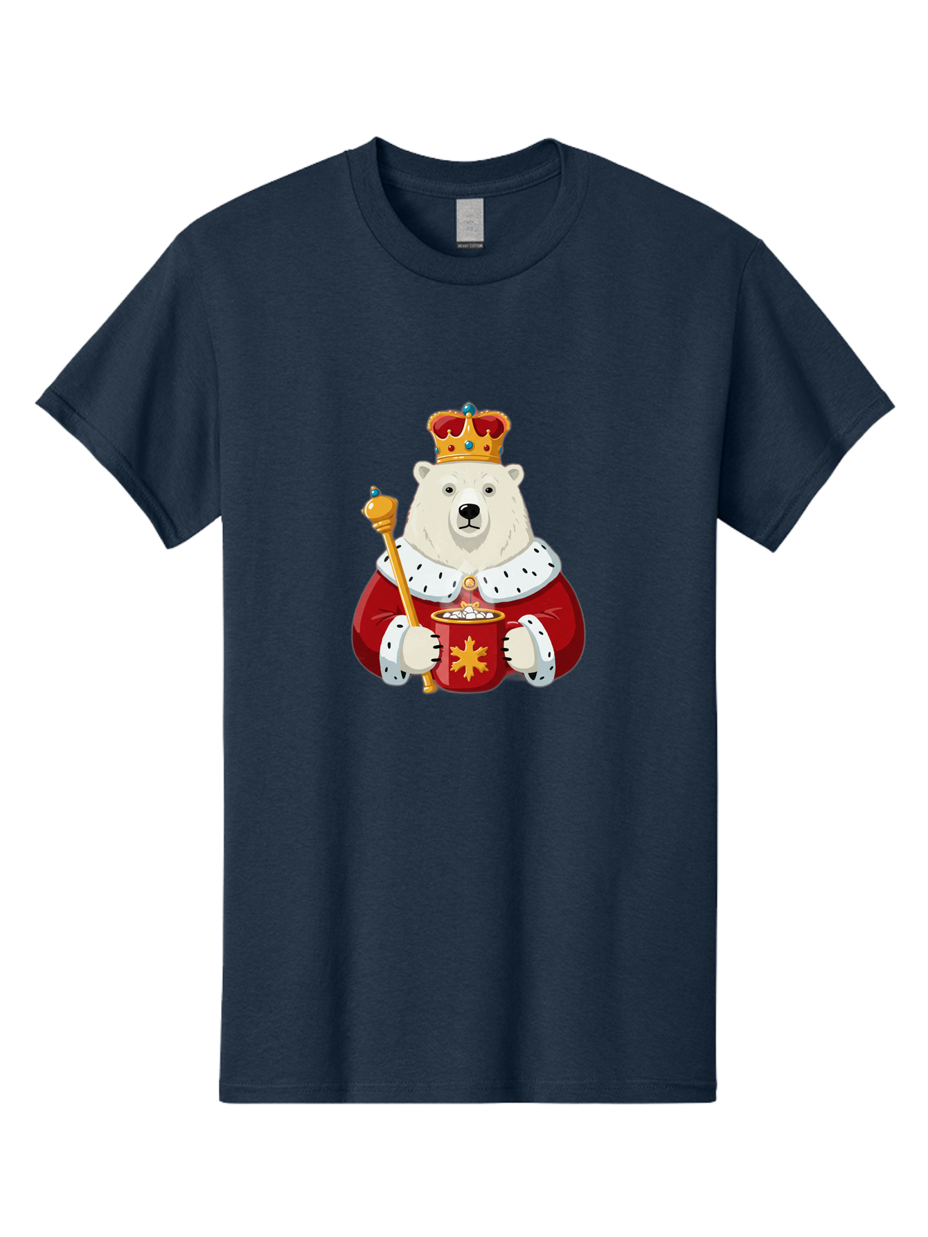 Bear-King Men'S Graphic Tee, 100% Cotton, Comfortable Casual Summer Wear, Machine Washable, Polar Bear Wearing Crown, Red Robe, White Fur, Sceptre In Paw, Ornate Collar, Monarch Attire, Regal Bear, Cartoon Style, Majestic Animal, Bae358