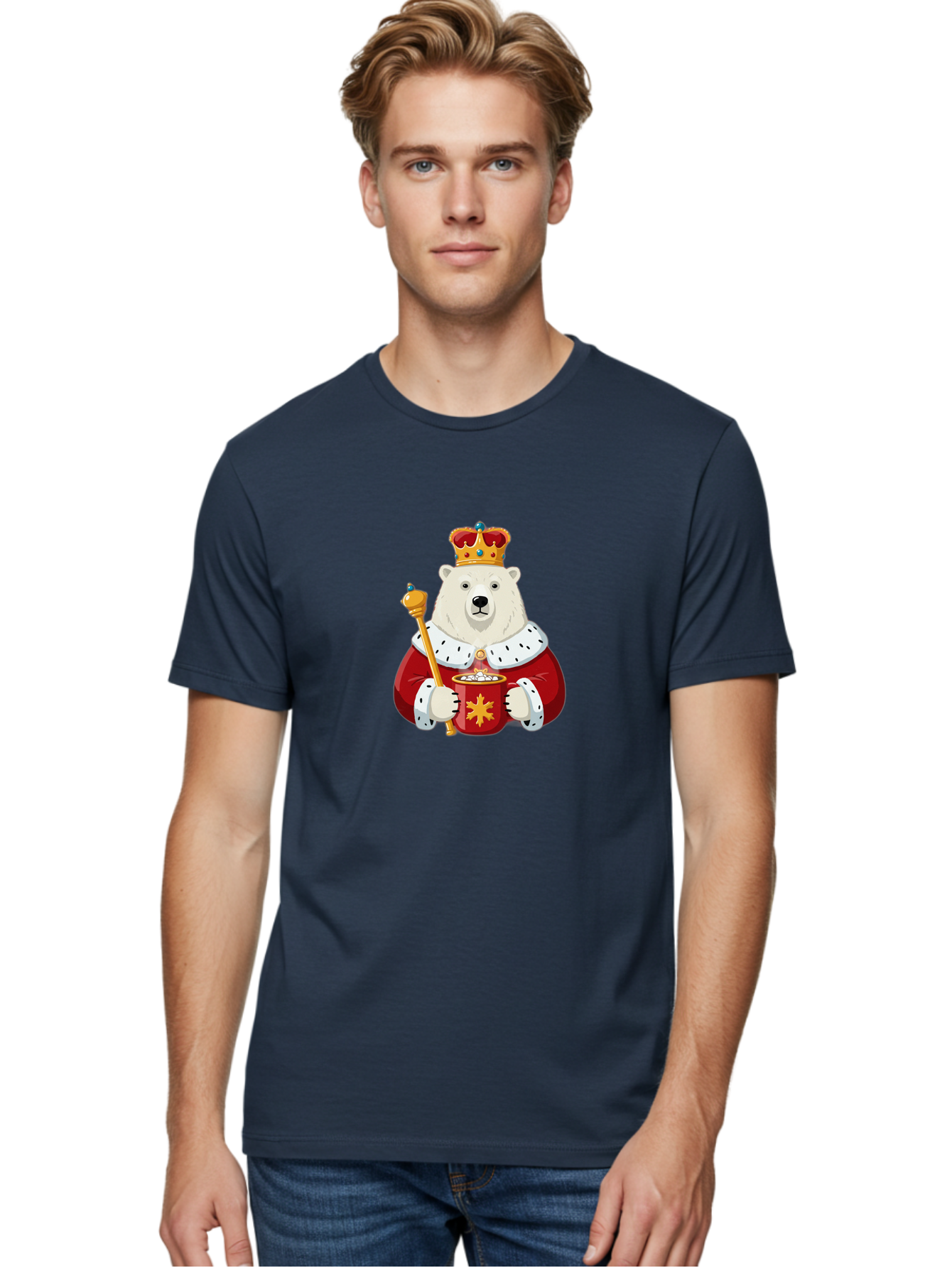 Bear-King Men'S Graphic Tee, 100% Cotton, Comfortable Casual Summer Wear, Machine Washable, Polar Bear Wearing Crown, Red Robe, White Fur, Sceptre In Paw, Ornate Collar, Monarch Attire, Regal Bear, Cartoon Style, Majestic Animal, Bae358