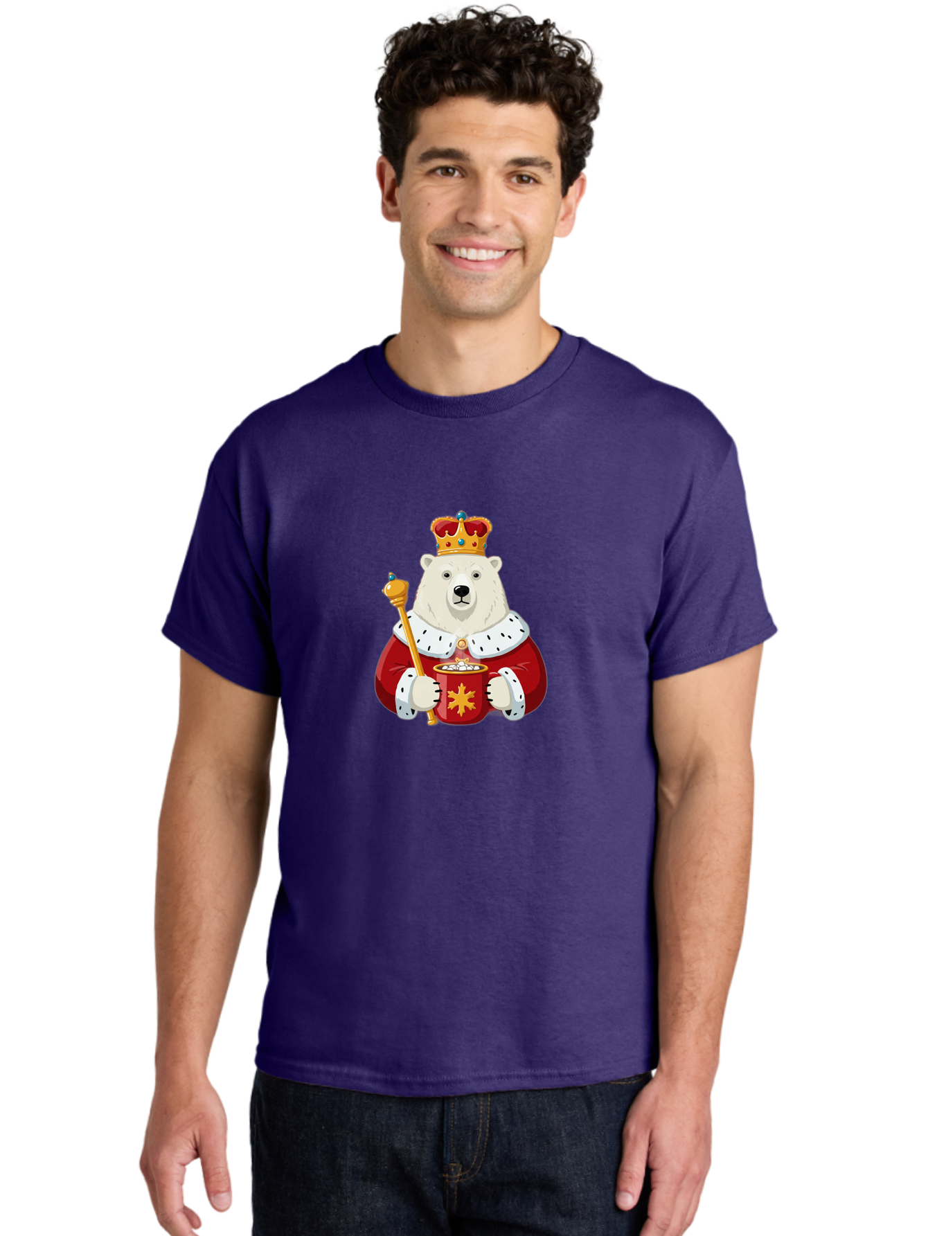 Bear-King Men'S Graphic Tee, 100% Cotton, Comfortable Casual Summer Wear, Machine Washable, Polar Bear Wearing Crown, Red Robe, White Fur, Sceptre In Paw, Ornate Collar, Monarch Attire, Regal Bear, Cartoon Style, Majestic Animal, Bae358