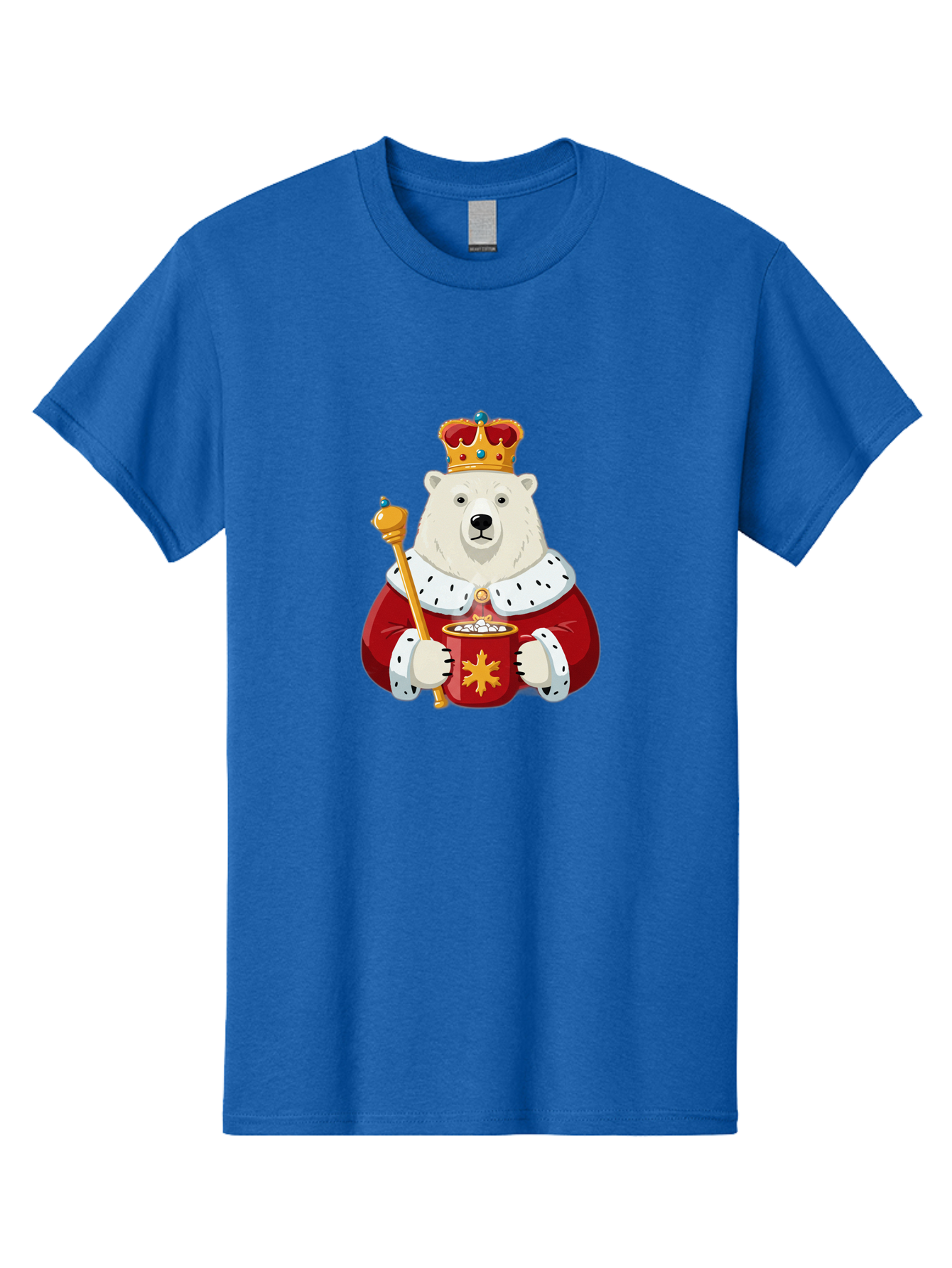 Bear-King Men'S Graphic Tee, 100% Cotton, Comfortable Casual Summer Wear, Machine Washable, Polar Bear Wearing Crown, Red Robe, White Fur, Sceptre In Paw, Ornate Collar, Monarch Attire, Regal Bear, Cartoon Style, Majestic Animal, Bae358