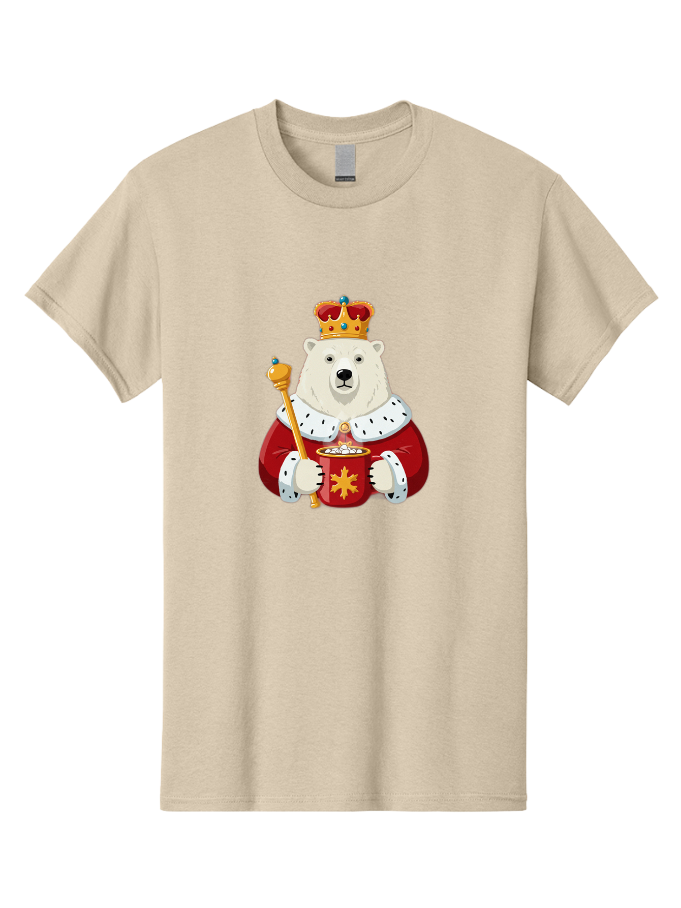 Bear-King Men'S Graphic Tee, 100% Cotton, Comfortable Casual Summer Wear, Machine Washable, Polar Bear Wearing Crown, Red Robe, White Fur, Sceptre In Paw, Ornate Collar, Monarch Attire, Regal Bear, Cartoon Style, Majestic Animal, Bae358