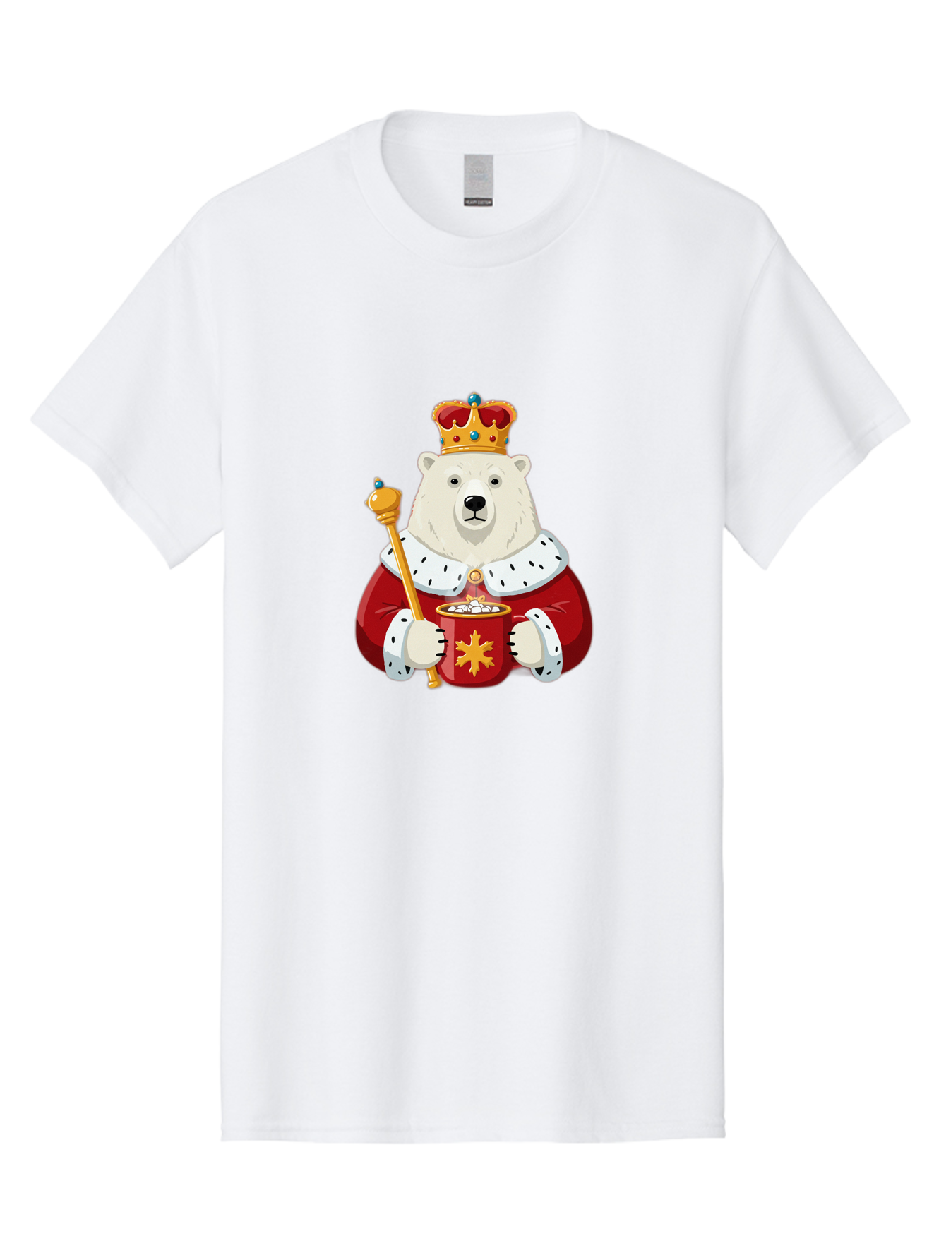 Bear-King Men'S Graphic Tee, 100% Cotton, Comfortable Casual Summer Wear, Machine Washable, Polar Bear Wearing Crown, Red Robe, White Fur, Sceptre In Paw, Ornate Collar, Monarch Attire, Regal Bear, Cartoon Style, Majestic Animal, Bae358