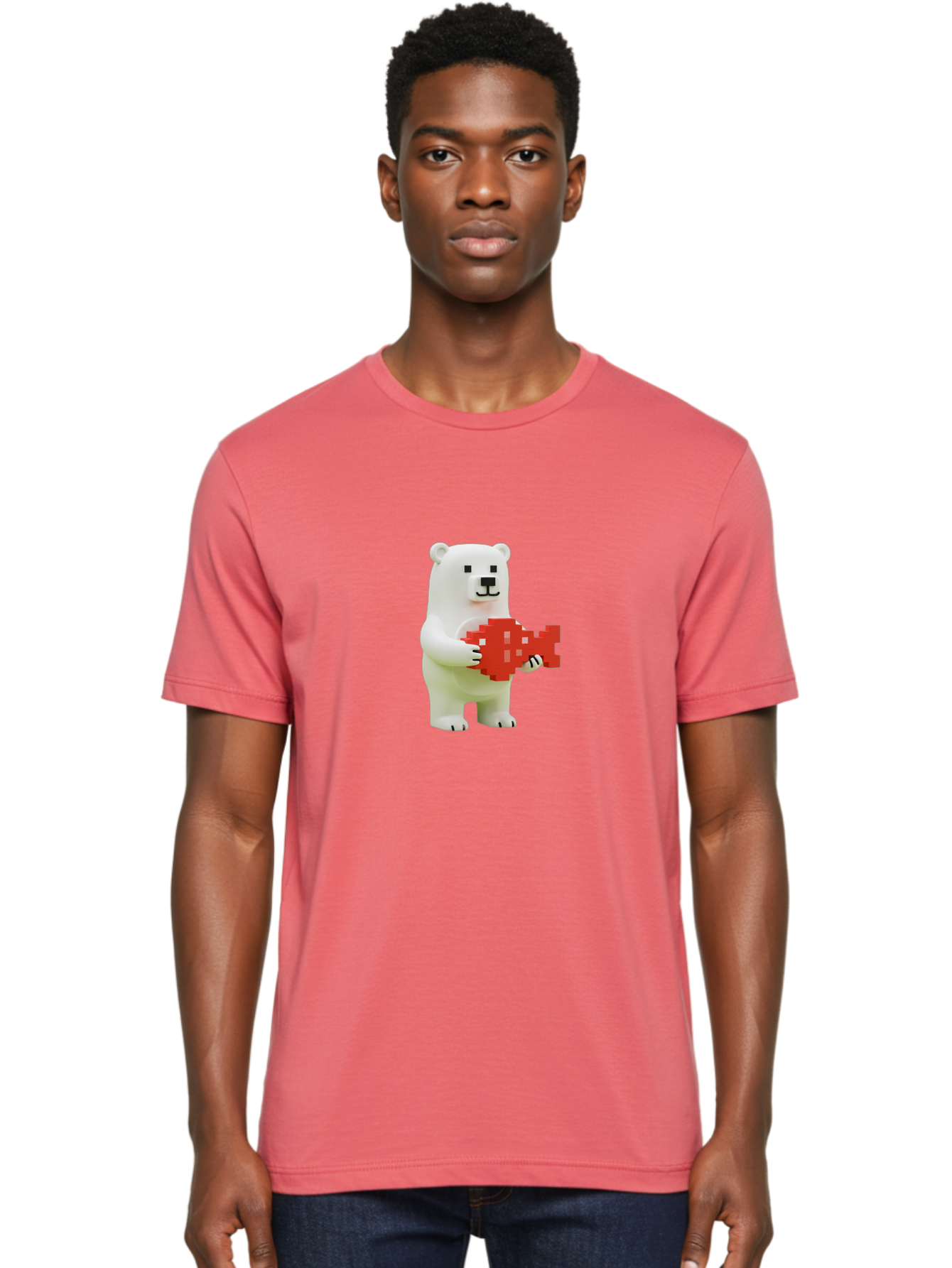 Bear-Pixel-Heart Men'S Graphic Tee, 100% Cotton, Comfortable Casual Summer Wear, Machine Washable, White Polar Bear Holding Red Pixel Heart, Cute Cartoon Character, Adorable Animal, Love Symbol, Pixel Art, Cute Figurine, 3D Illustration Bae359