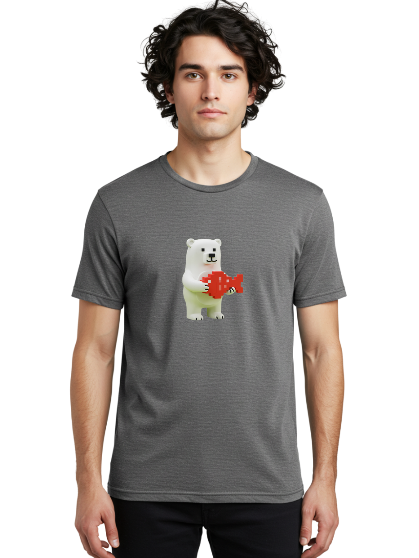 Bear-Pixel-Heart Men'S Graphic Tee, 100% Cotton, Comfortable Casual Summer Wear, Machine Washable, White Polar Bear Holding Red Pixel Heart, Cute Cartoon Character, Adorable Animal, Love Symbol, Pixel Art, Cute Figurine, 3D Illustration Bae359