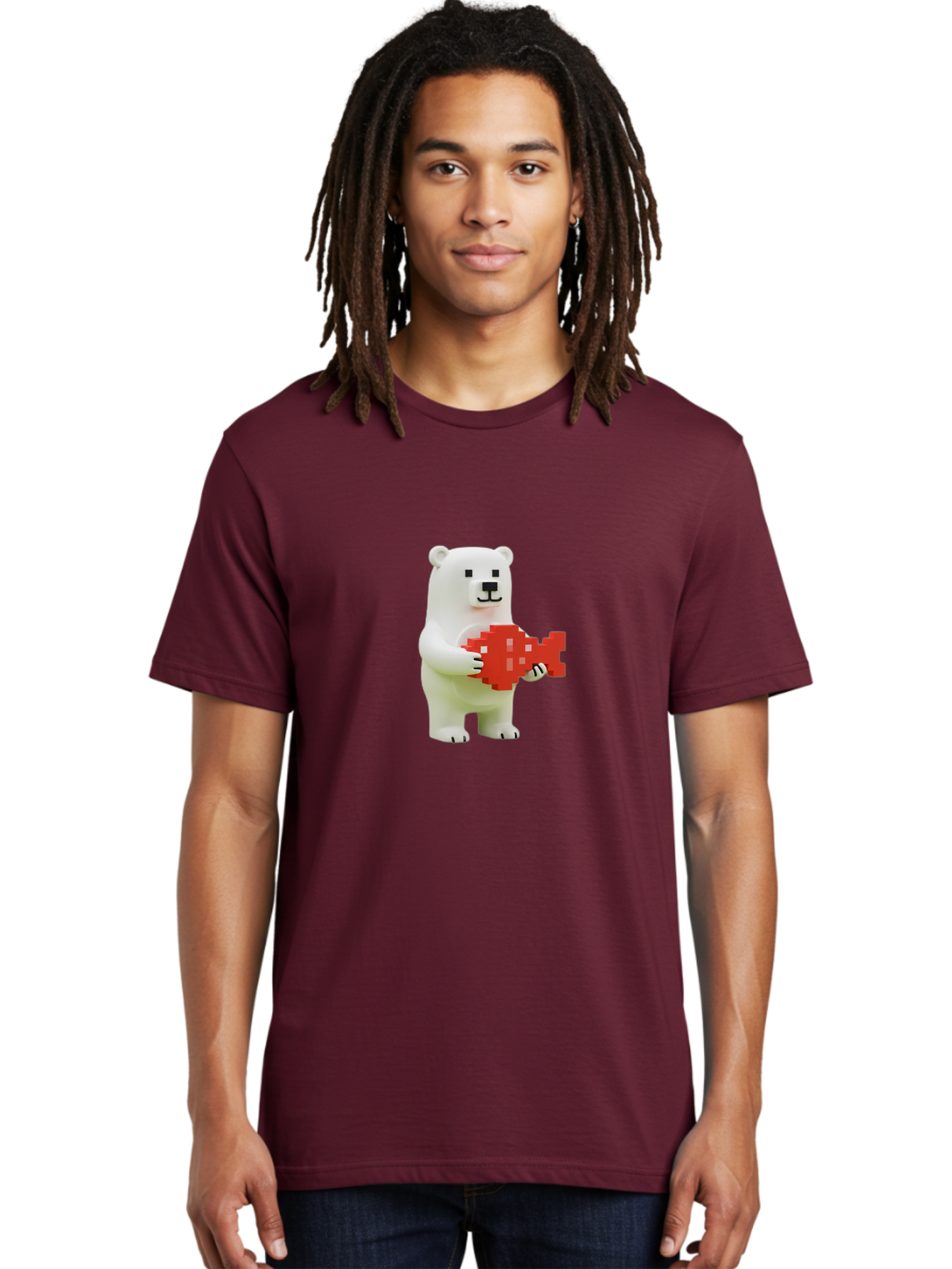 Bear-Pixel-Heart Men'S Graphic Tee, 100% Cotton, Comfortable Casual Summer Wear, Machine Washable, White Polar Bear Holding Red Pixel Heart, Cute Cartoon Character, Adorable Animal, Love Symbol, Pixel Art, Cute Figurine, 3D Illustration Bae359