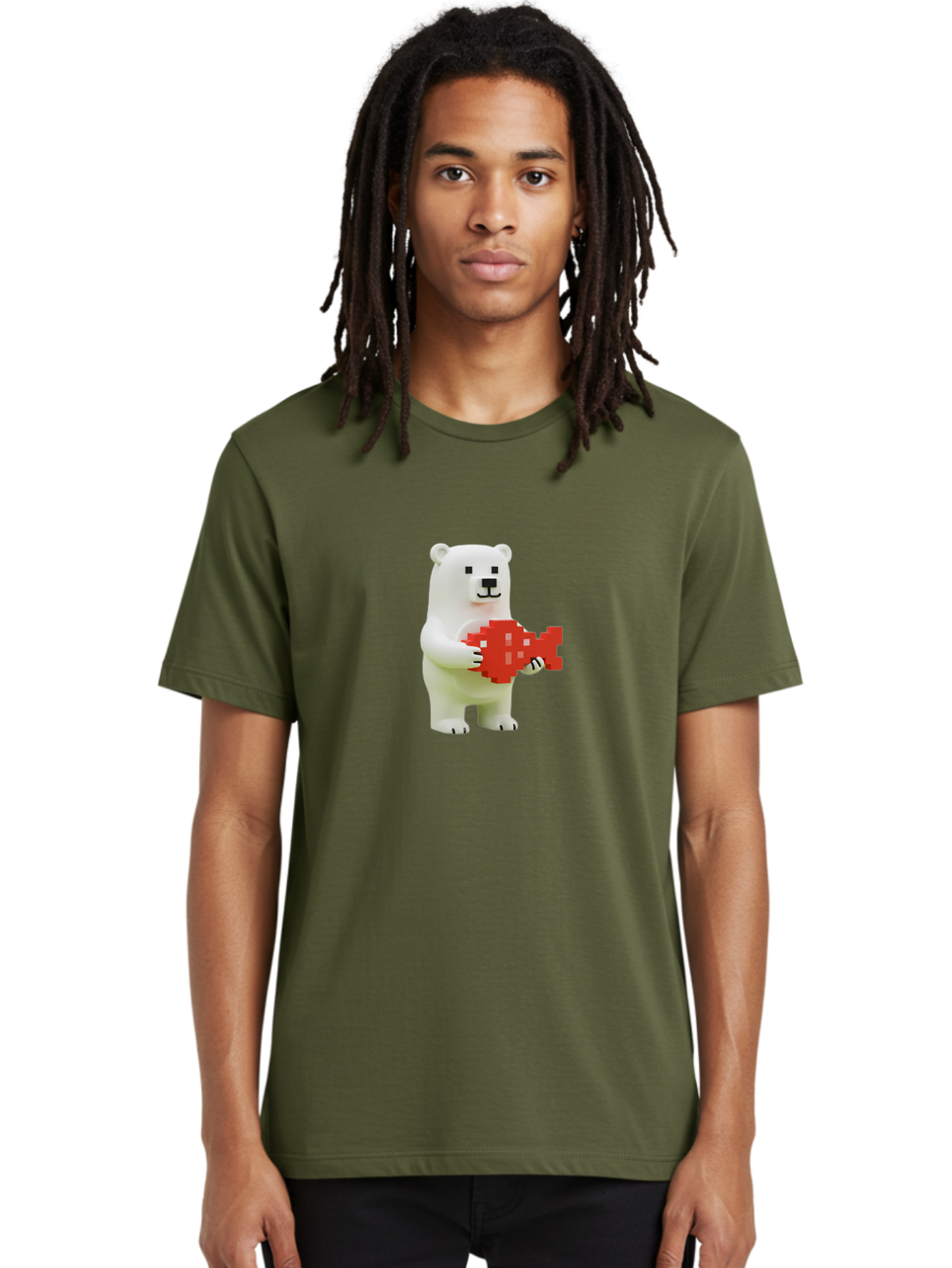 Bear-Pixel-Heart Men'S Graphic Tee, 100% Cotton, Comfortable Casual Summer Wear, Machine Washable, White Polar Bear Holding Red Pixel Heart, Cute Cartoon Character, Adorable Animal, Love Symbol, Pixel Art, Cute Figurine, 3D Illustration Bae359
