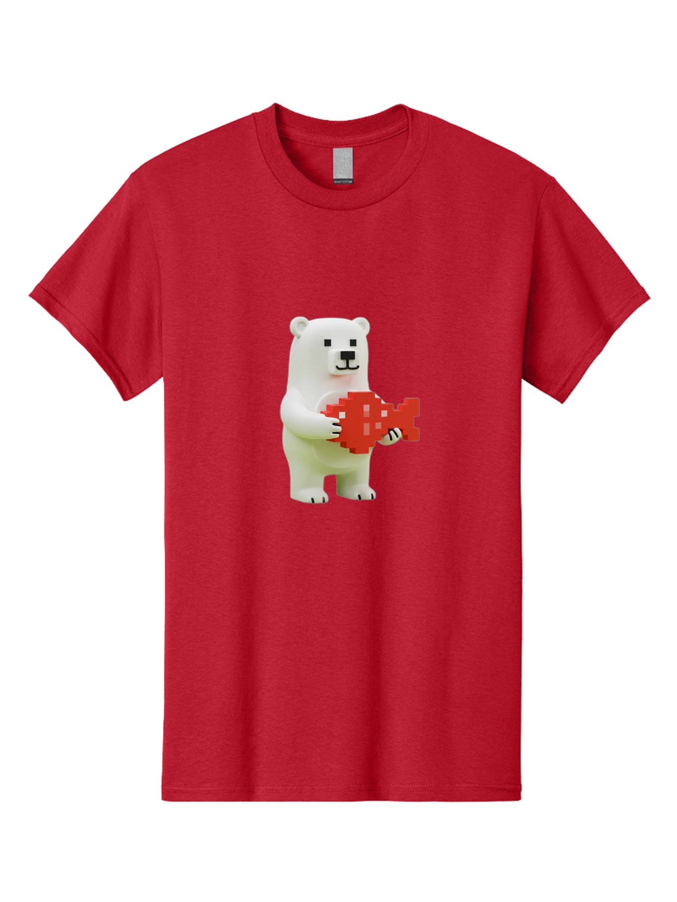 Bear-Pixel-Heart Men'S Graphic Tee, 100% Cotton, Comfortable Casual Summer Wear, Machine Washable, White Polar Bear Holding Red Pixel Heart, Cute Cartoon Character, Adorable Animal, Love Symbol, Pixel Art, Cute Figurine, 3D Illustration Bae359