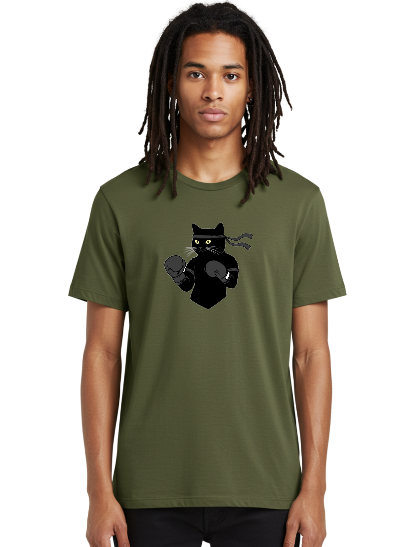 Black-Cat-Ninja-Boxing Men'S Graphic Tee, 100% Cotton, Comfortable Casual Summer Wear, Machine Washable, Ninja Cat, Black Cat, Boxing Gloves, Martial Arts, Ninja Costume, Cartoon Character, Fighting Stance, Funny Animal, Ninja Mask, Cute Cat Bae360