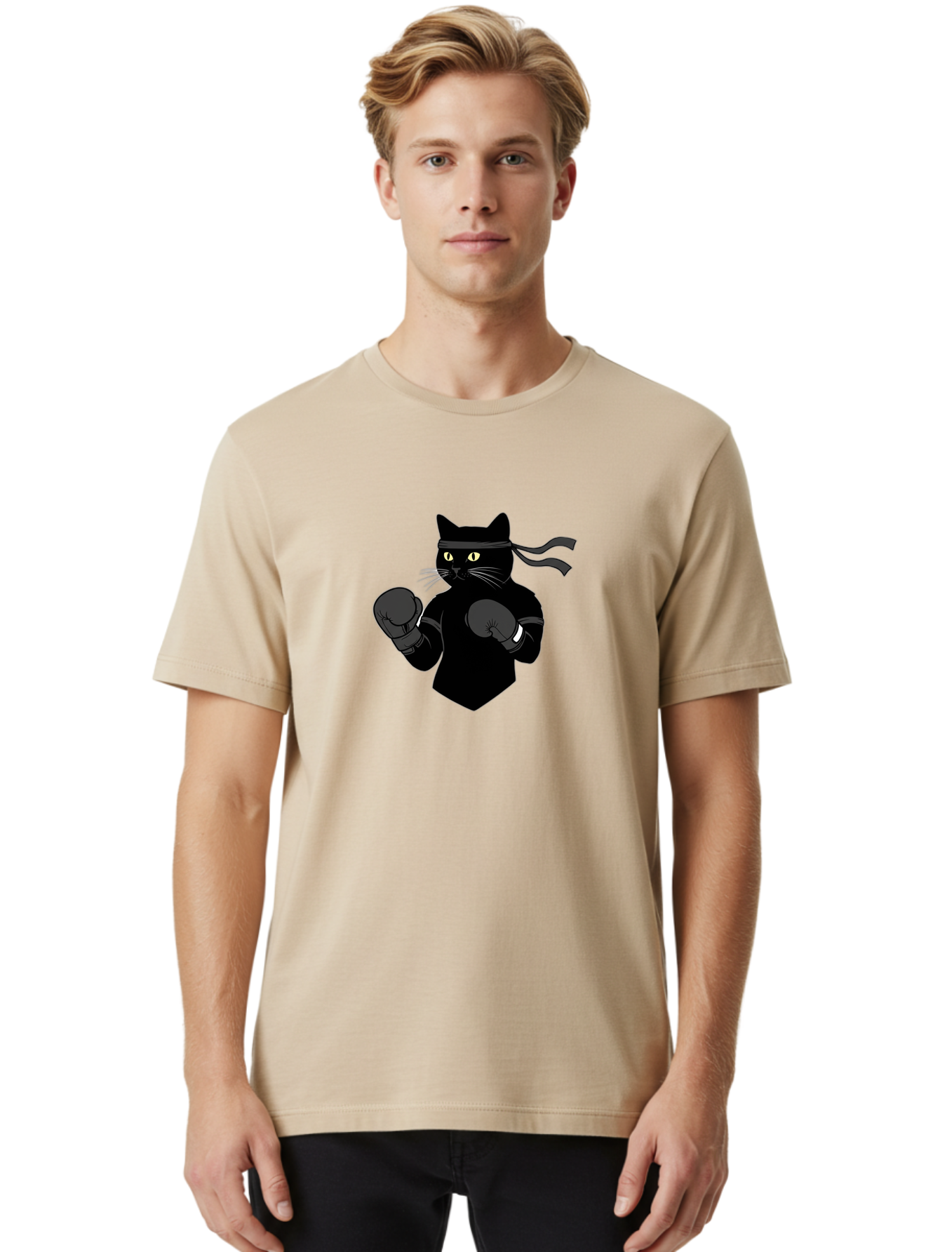 Black-Cat-Ninja-Boxing Men'S Graphic Tee, 100% Cotton, Comfortable Casual Summer Wear, Machine Washable, Ninja Cat, Black Cat, Boxing Gloves, Martial Arts, Ninja Costume, Cartoon Character, Fighting Stance, Funny Animal, Ninja Mask, Cute Cat Bae360