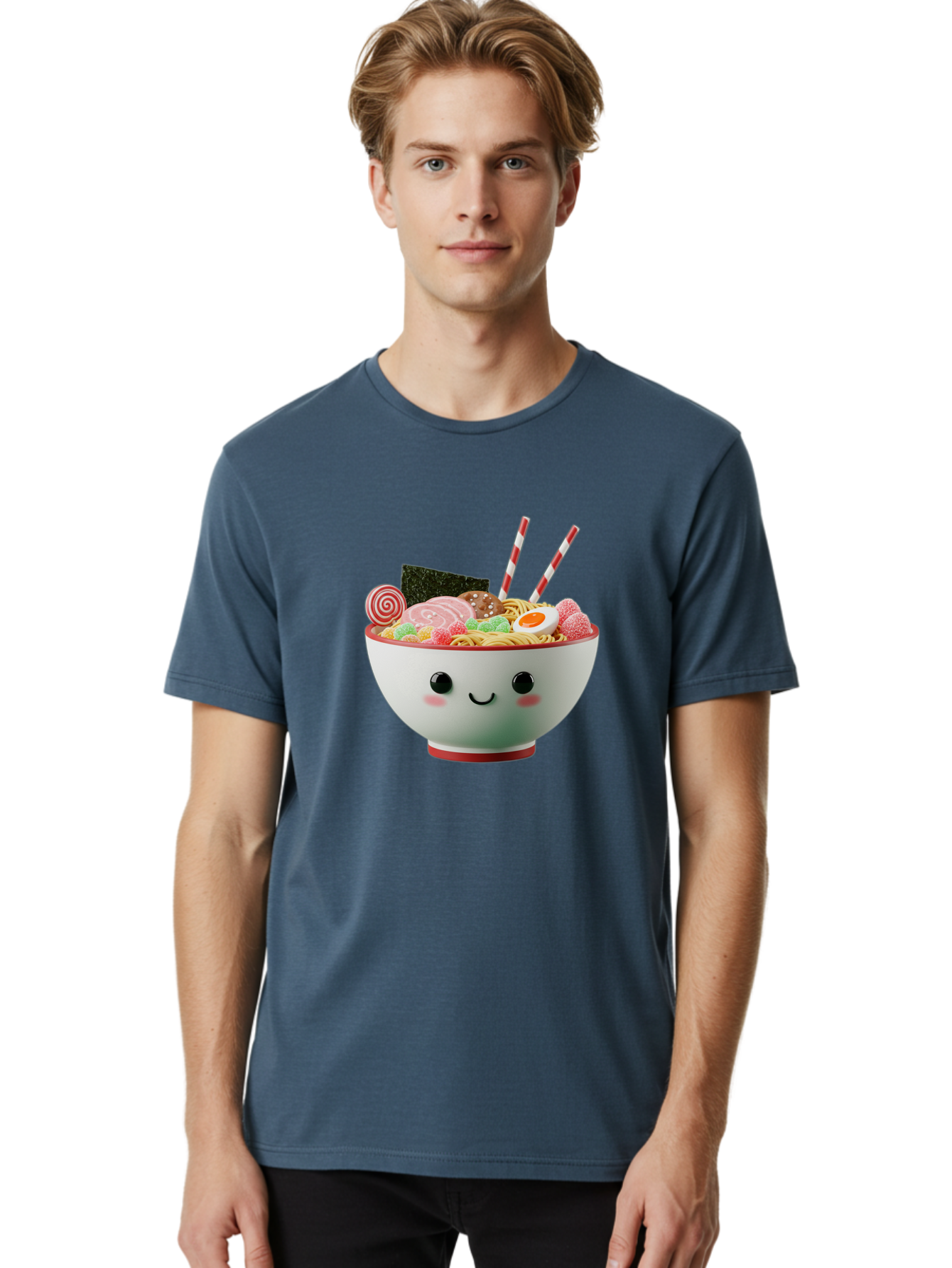Bowl-Of-Ramen Men'S Graphic Tee, 100% Cotton, Comfortable Casual Summer Wear, Machine Washable, Kawaii Ramen Bowl, Cartoon Noodles, Cute Japanese Food, Happy Meal, Animated Bowl, Kawaii Culture, Japanese Cuisine, Ramen Love, Foodie Art, Bae362
