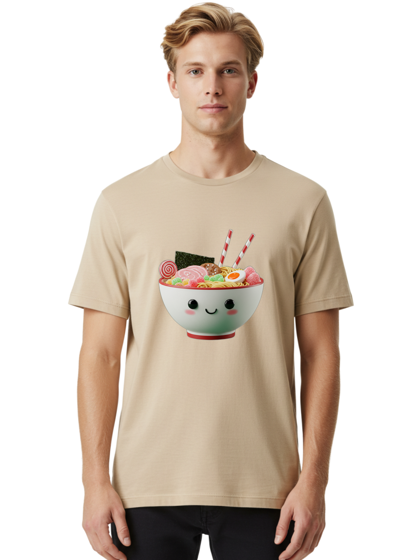 Bowl-Of-Ramen Men'S Graphic Tee, 100% Cotton, Comfortable Casual Summer Wear, Machine Washable, Kawaii Ramen Bowl, Cartoon Noodles, Cute Japanese Food, Happy Meal, Animated Bowl, Kawaii Culture, Japanese Cuisine, Ramen Love, Foodie Art, Bae362